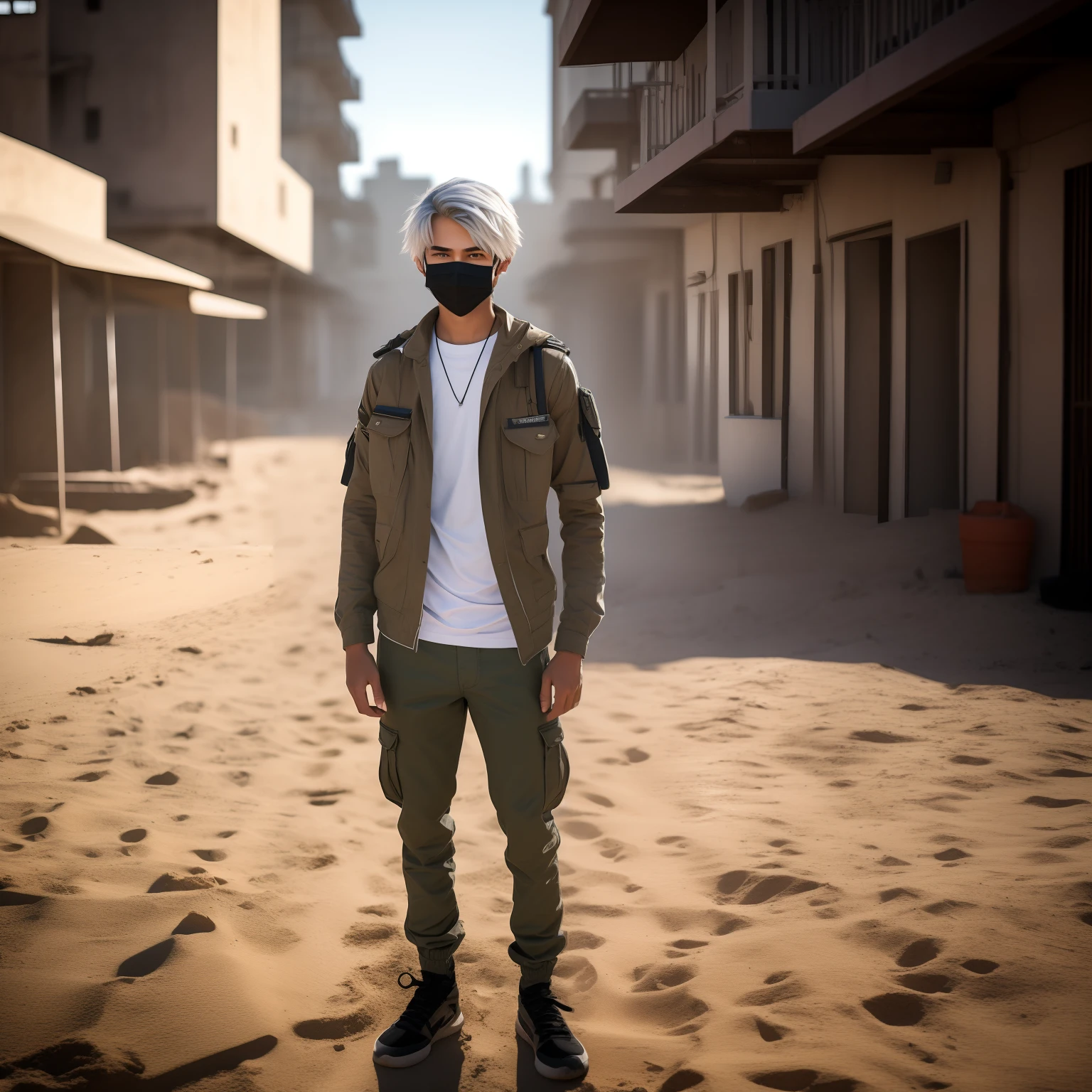 male, (((16yo), dead inside, topless, sand cargo pants, full body view, city, background blur, chromatic aberration, bokeh, skinny body, white hair, ultra realistic, HQ, 8k, square masculine caucassian face, plaid shirt, mask, chainlet