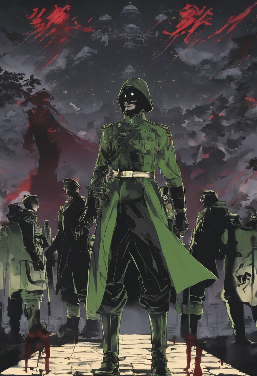 Um soldado de roupa preta e cabelo verde,ww2 ternos pretos, WW2 General Hats, black mask, Multiple Zombies in the Background,elemento vermelho do sangue,HD claro e escuro, Balance rendering, HD and dark lighting )<=(Epic image quality)dark atmosphere with bright particle light(muitos efeitos em segundo plano)