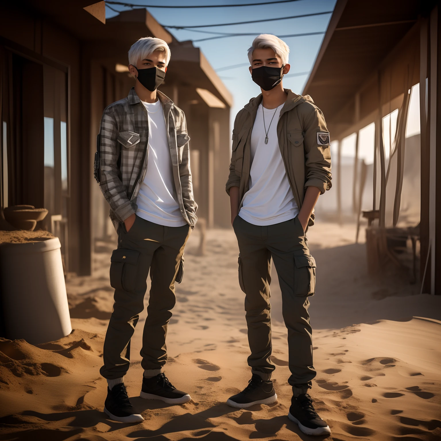 male, (((16yo dead inside, topless, sand cargo pants, full body view, city, background blur, chromatic aberration, bokeh, skinny body, white hair, ultra realistic, HQ, 8k, square masculine caucassian face, plaid shirt, mask, chainlet