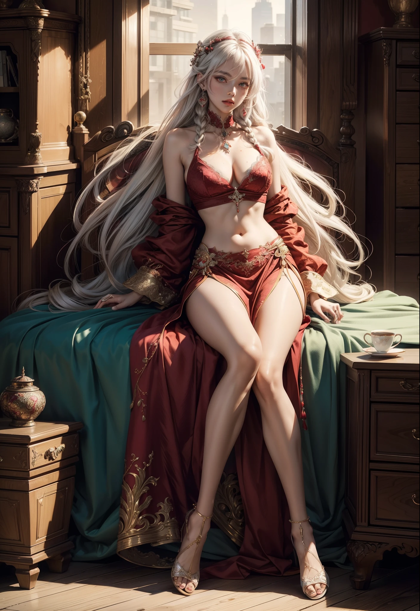 ruby red color, shibuya, hatsuneMiku, (ultra Realistic), ( illustration), (High res), (8K), (highly detailed), (the best illustration), (Beautiful Detailed Eyes), (best Quality), (Super Detailed), (Master peace), (Wallpapers), (Detailed Face), solo, 1 girl, solo girl, disheveled aristocratic dress, White hair, Iris heterochromatic eyes, small moles under eye, medium chest, Long legs, Stunning composition, Foot braids, Beautiful and detailed legs, belly button expose, exposed cleavage, shining thighs, shining legs, showing a delicate slim figure and graceful curves,