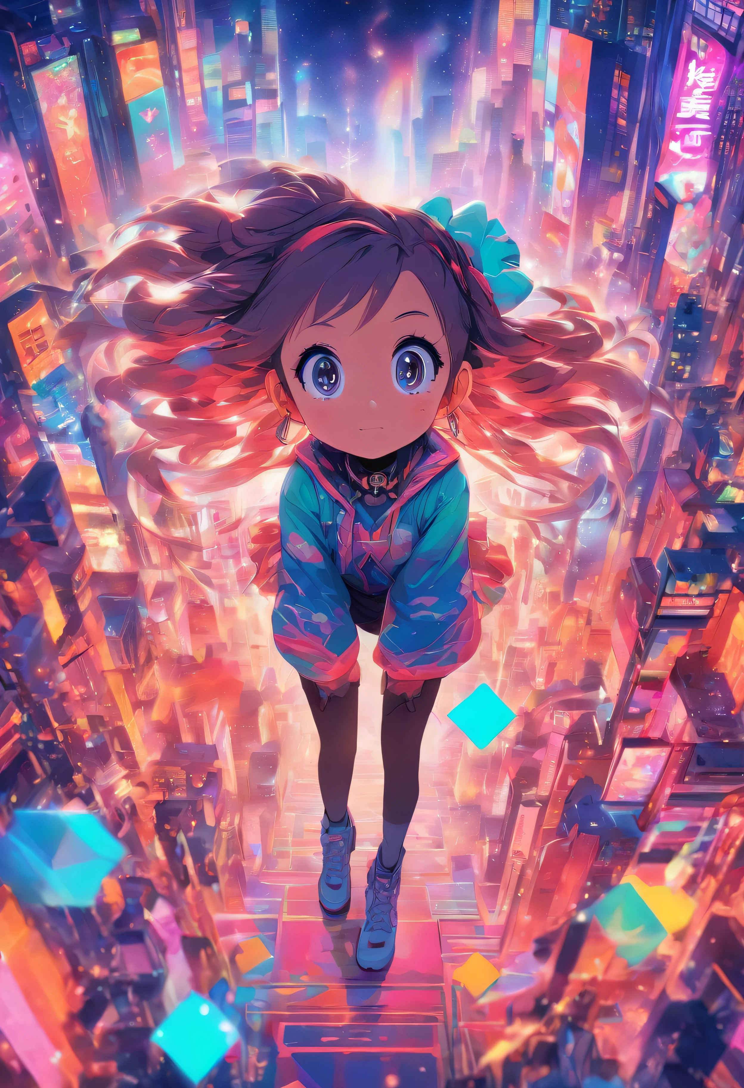 hightquality、Colorful color palette、high-level image quality、Kawaii Girl、Unprecedented amount of drawing、anime styled、Geometric pattern background、front facing、sticker style