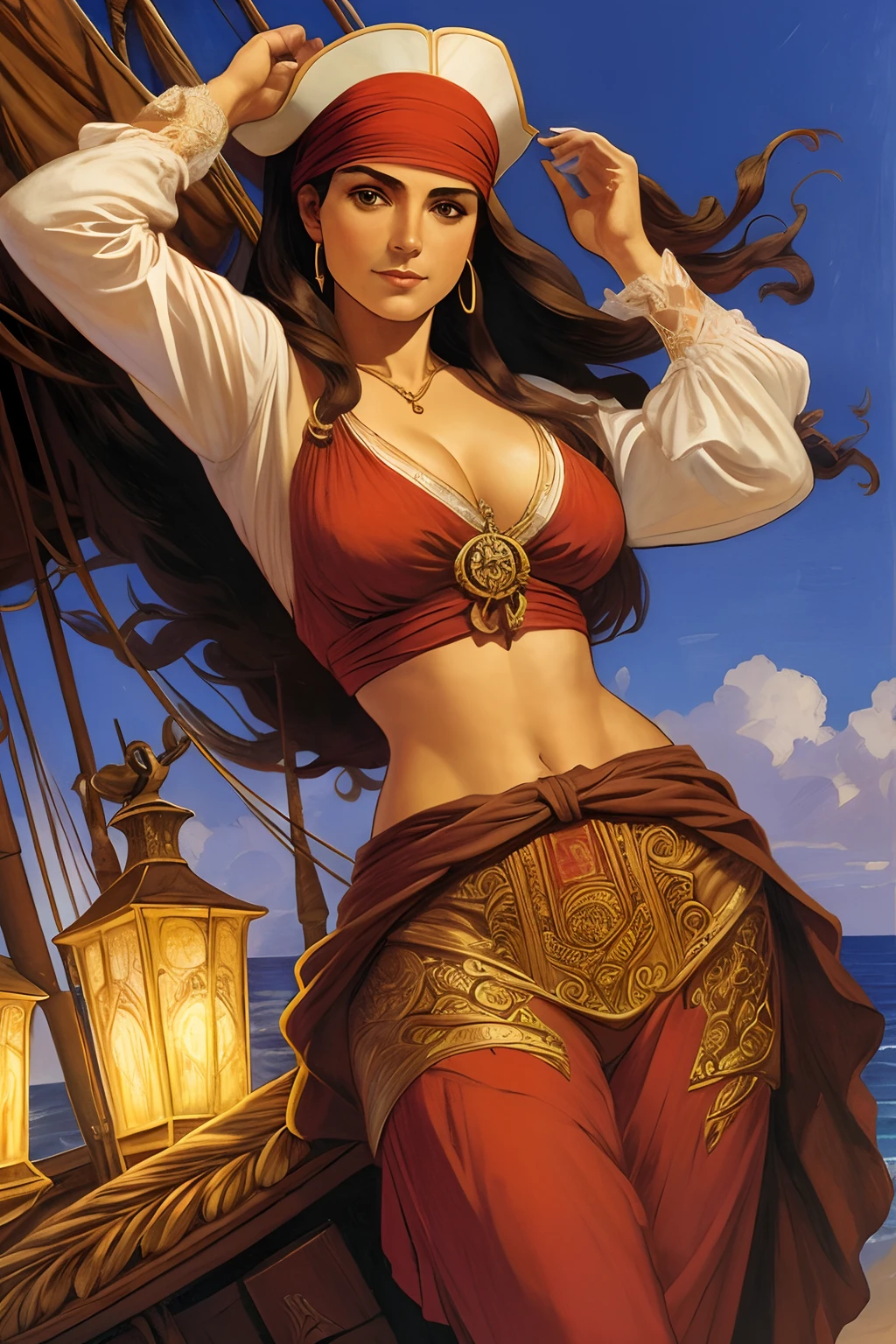 Arte John Buscema,corpo inteiro de uma mulher pirata , red band wrapped around the head,cabelos longos e cacheados, 鎖骨, Branco, moldura floral, painel decorativo, abstrair, cintura,kalap, casaco, grey pants, sapatos de fivelas e uma faixa para guardar armas., on the deck of a pirate ship,realismo, arte, Alphonse Mucha (master part, melhor qualidade, extremely high-resolution: 1.4), detalhe, detalhes intrincados, 4k, salpicos de cor, artee de linha, Fibonacci,