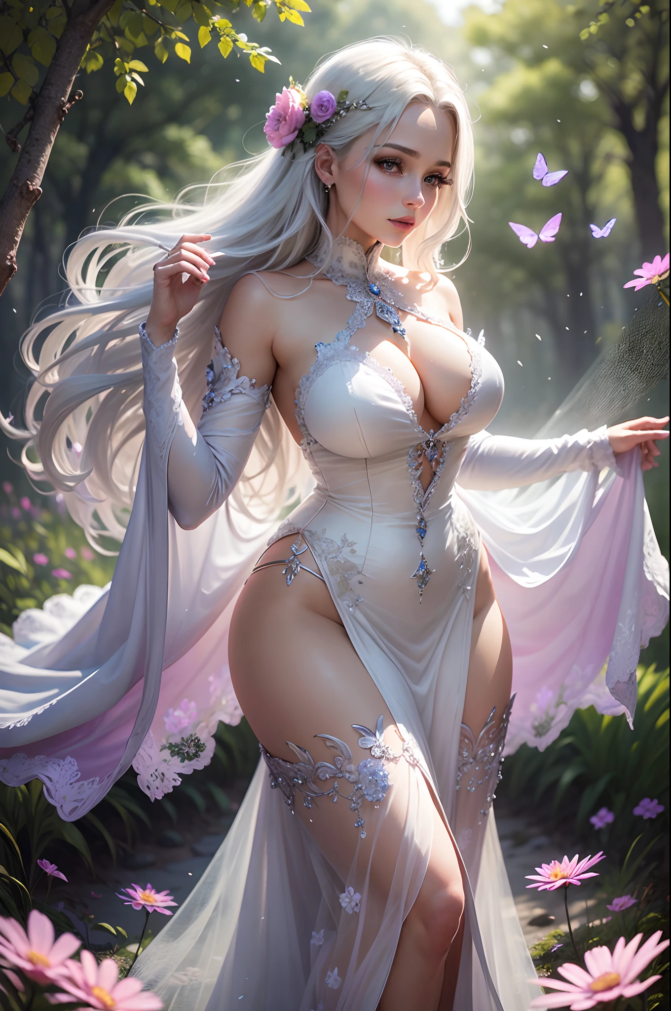 (best quality,4k,8k,highres,masterpiece:1.2),ultra-detailed,(realistic,photorealistic,photo-realistic:1.37),oil painting,illustration,medium garden,fantasy setting,green meadows,tall trees,colorful flowers,scenic view (purple,pink) undertones,vibrant colors,rich and vivid palette soft, warm sunlight casting long shadows,hint of magical atmosphere illyasviel von einzbern standing confidently at the center (white-haired, silver-haired) beauty, emanating grace and elegance dressed in a flowing, ethereal gown, adorned with intricate floral patterns sparkling, jewel-like eyes with a mesmerizing gaze lips delicately curved into a gentle smile face exudes maturity and wisdom long, fluttering eyelashes adding a touch of enchantment surrounded by a group of butterflies, symbolizing transformation and freedom lush grass brushes against her bare feet butterflies dancing around her, leaving a trail of soft, colorful light in the background, a majestic castle looms, displaying her regal heritage *MILF with good curves*, *mature adult*, portraying her allure and confidence every detail carefully rendered to enhance the realism and depth the painting creates a sense of awe and admiration the viewer is captivated by the beauty and serenity of the scene. HDR,UHD,studio lighting,ultra-fine painting,sharp focus,physically-based rendering,extreme detail description,professional,vivid colors,bokeh,portraits