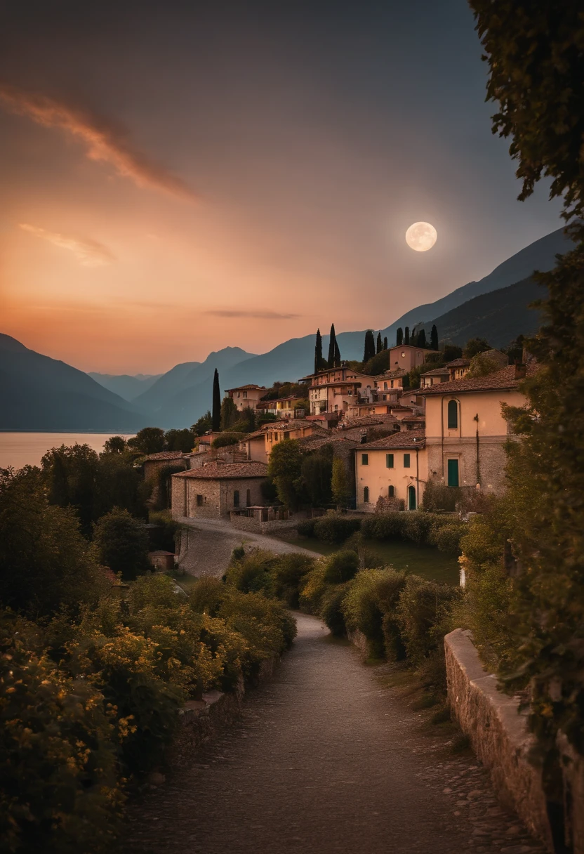 An extremely beautiful and charming Italian village by the shores of lake Cuomo, Italy, sunset, lights on, dramatic lighting, magnificent aura, amazing views, stunning skies, majestic full moon.