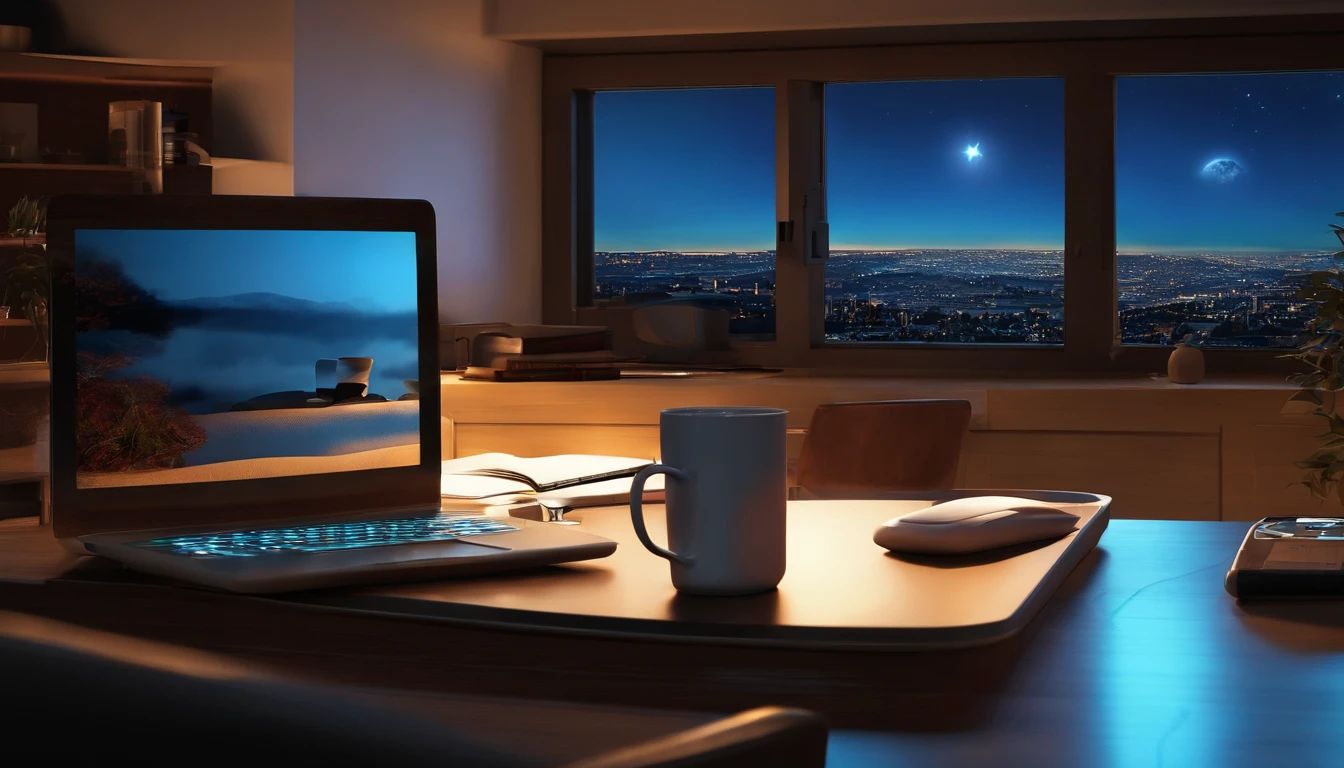 Noite, mesa de computador, cup of coffee, computador moderno elegante, tela iluminada, luz azul fria, papel de parede, altamente detalhado, Paisagem do anime