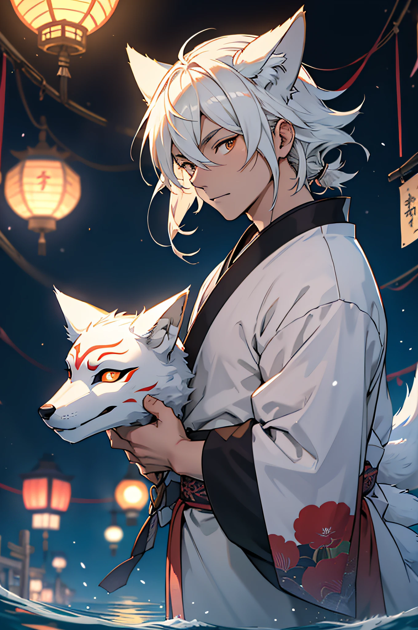 Masterpiece, Superb (Chinese Ink Painting), (Illustration), (((Huge White Fox Goblin Stands in Front of a Teenager))), Mature Man, Chinese Style, (Ancient Chinese Man), (((White Fox and White-Haired Boy)))),,Silver Hair,,(Messy Hair),(White Hair),(Fox Ears),Handsome,(White Ancient Chinese Clothes),(((Night Sky)),Eyebrows A Little Red, (Night),Hiroshi Yoshida,Close Up,(Forest Background),(Chiaroscuro)),Fine Facial Details, Facial Detail, Cinema Lighting, (Depth of Field), UHD,