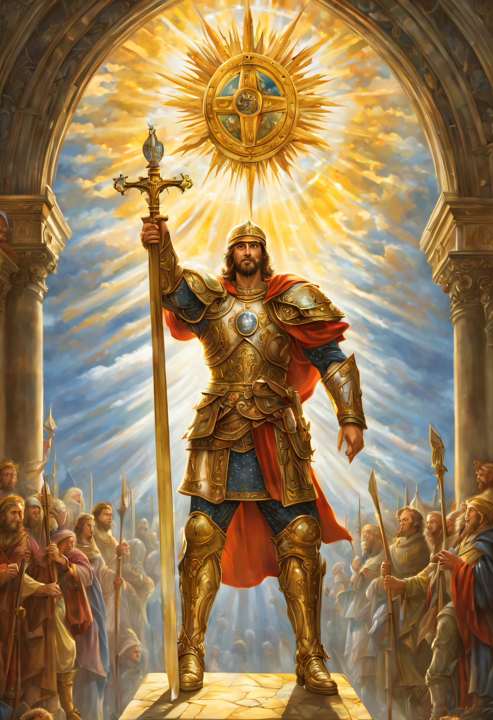 In a dimly lit cathedral, rays of golden sunlight pierce through stained glass windows, illuminating a mighty man of God. Clad in gleaming armor, adorned with the Belt of Truth, Breastplate of Righteousness, and shining Footwear of the Preparation of the Gospel of Peace, he stands defiantly. With the Shield of Faith raised high and the Helmet of Salvation gleaming, he brandishes the Sword of the Spirit, engaged in an epic battle against hordes of shadowy creatures that writhe in darkness. The intricate details capture the intensity and divine power in this realistic and detailed masterpiece.
