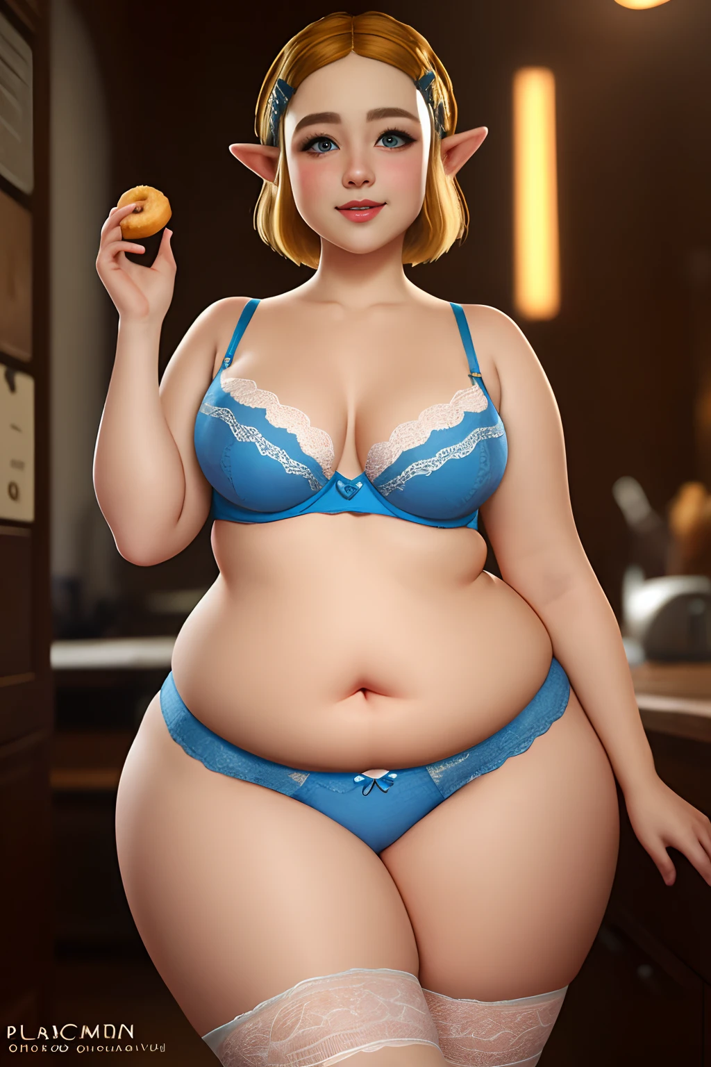 masterpiece, best quality, photorealistic, small smile, solo, (detailed eyes:0.9), Zelda, BotW, eating donut, cute beautiful face, cutie, young, very chubby, sexy, soft, curvy, plump, fat rolls, chubby belly, belly rolls, love handles, muffin top, lingerie, blonde, short hair, thunder thighs