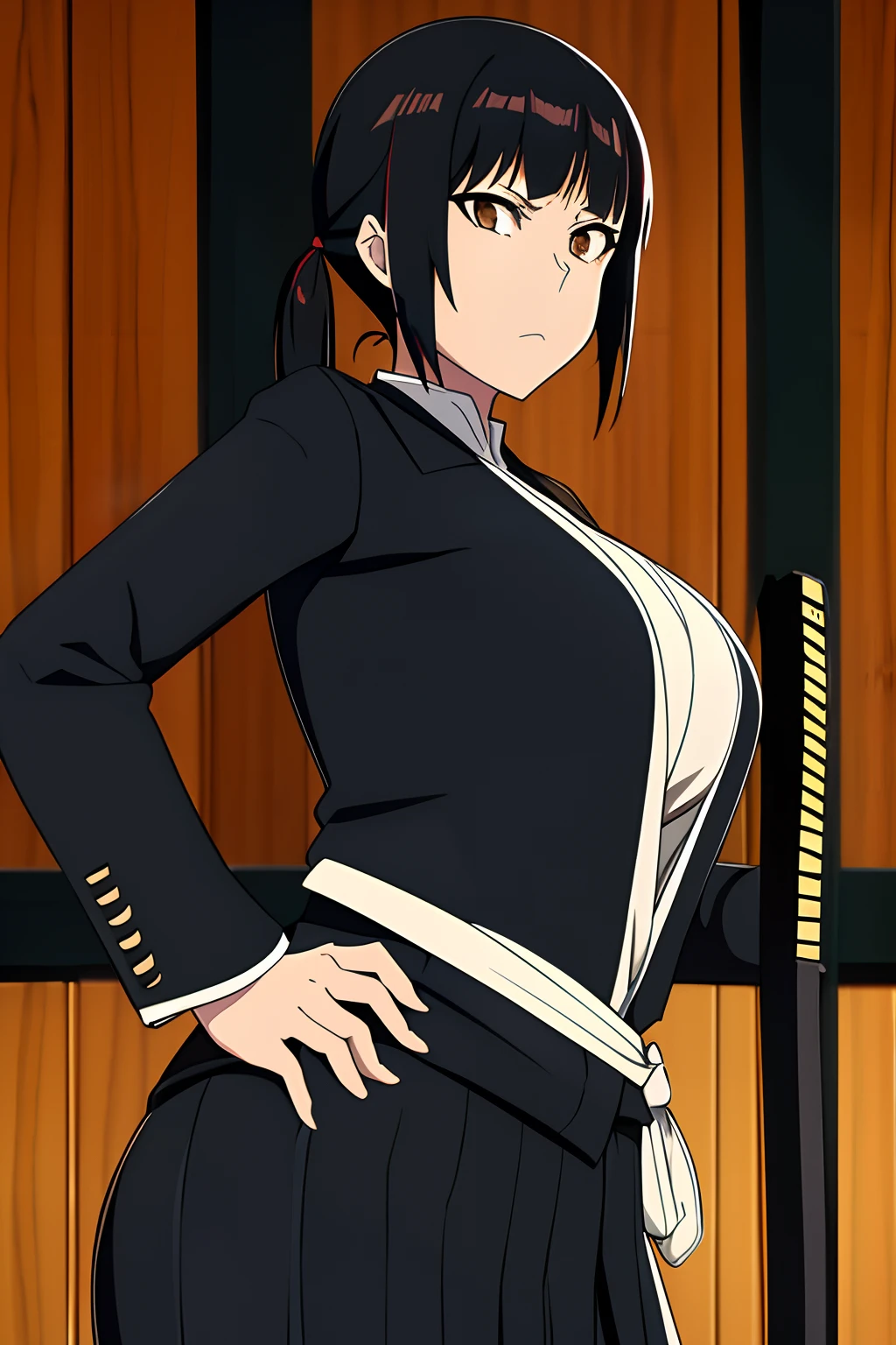 black shinigami uniform, large breasts, black hair, twintails, neutral expression, katana on hip, cowboy shot, detailed, brown eyes, dark skin,