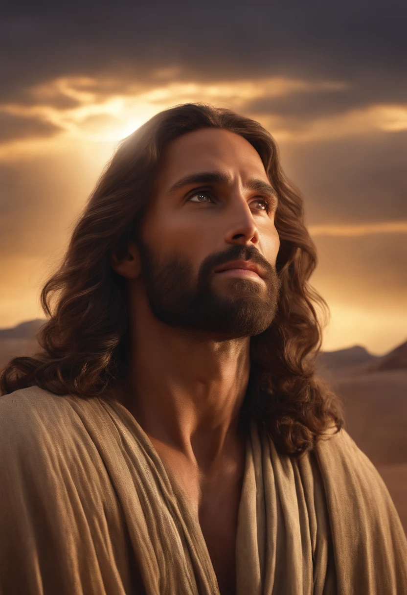 Closeup of Jesus Christ in the desert, detailed large round brown eyes, detailed soft fine long brown hair, atmospheric volumetric lighting, god rays, best quality, hyper realism