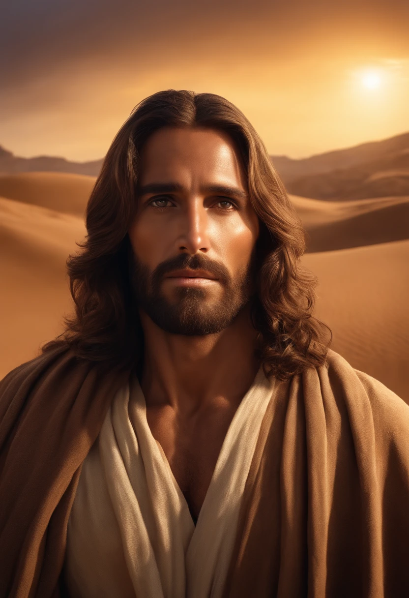 Closeup of Jesus Christ in the desert, detailed large round brown eyes, detailed soft fine long brown hair, atmospheric volumetric lighting, god rays, best quality, hyper realism