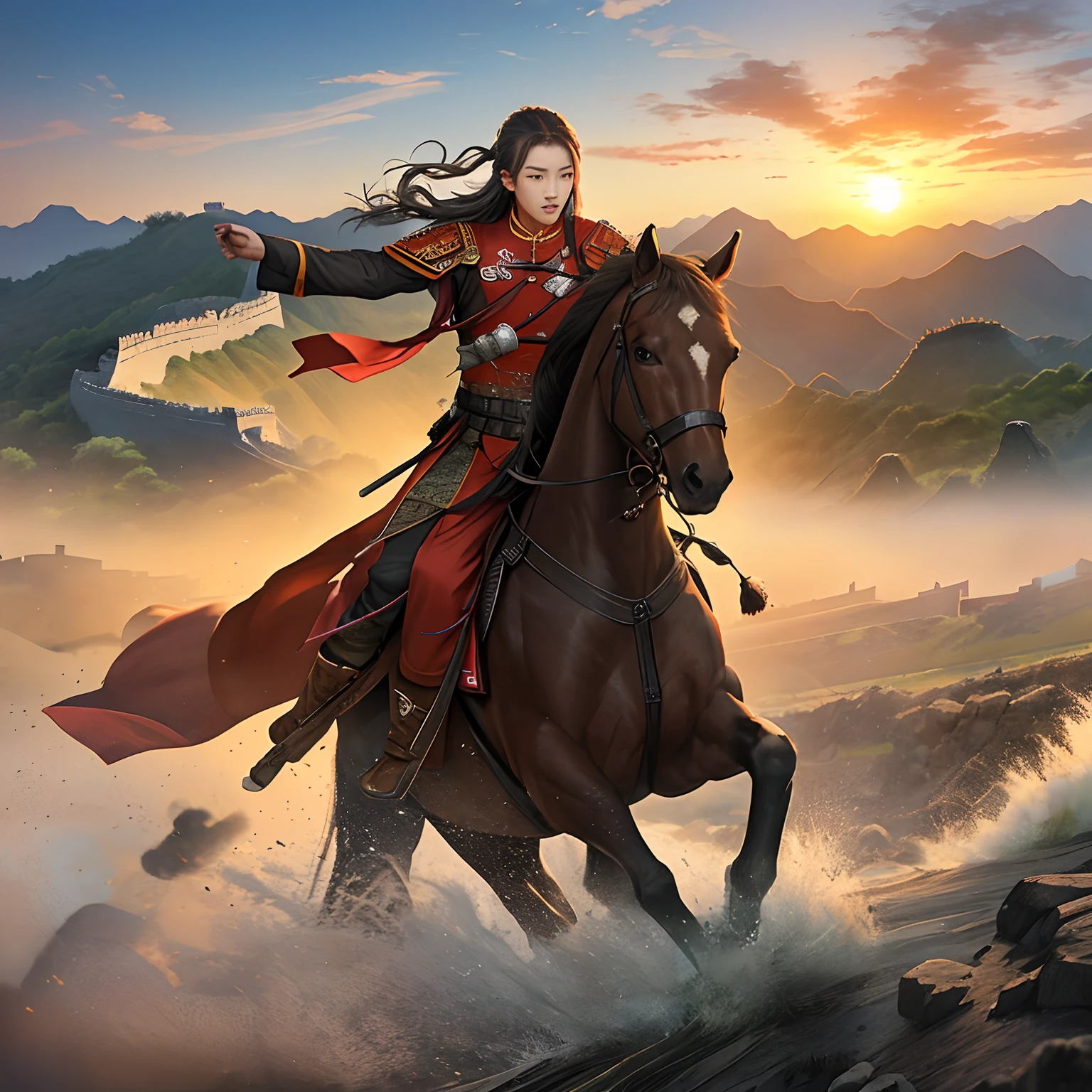 ancient war field, many soldiers, horses, fighting, sunset, future time, Chinese Great Wall