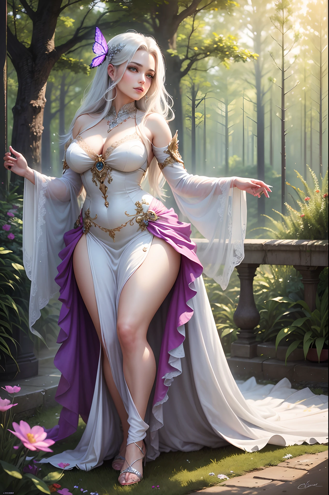 (best quality,4k,8k,highres,masterpiece:1.2),ultra-detailed,(realistic,photorealistic,photo-realistic:1.37),oil painting,illustration,medium garden,fantasy setting,green meadows,tall trees,colorful flowers,scenic view (purple,pink) undertones,vibrant colors,rich and vivid palette soft, warm sunlight casting long shadows,hint of magical atmosphere illyasviel von einzbern standing confidently at the center (white-haired, silver-haired) beauty, emanating grace and elegance dressed in a flowing, ethereal gown, adorned with intricate floral patterns sparkling, jewel-like eyes with a mesmerizing gaze lips delicately curved into a gentle smile face exudes maturity and wisdom long, fluttering eyelashes adding a touch of enchantment surrounded by a group of butterflies, symbolizing transformation and freedom lush grass brushes against her bare feet butterflies dancing around her, leaving a trail of soft, colorful light in the background, a majestic castle looms, displaying her regal heritage *MILF with good curves*, *mature adult*, portraying her allure and confidence every detail carefully rendered to enhance the realism and depth the painting creates a sense of awe and admiration the viewer is captivated by the beauty and serenity of the scene. HDR,UHD,studio lighting,ultra-fine painting,sharp focus,physically-based rendering,extreme detail description,professional,vivid colors,bokeh,portraits