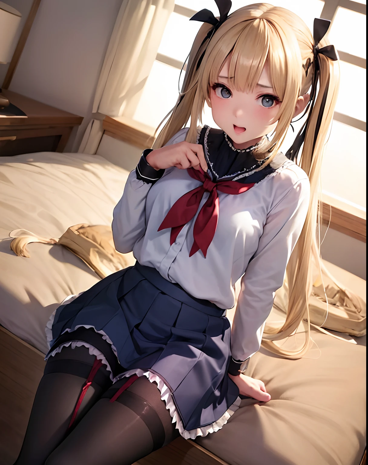 photorealisim、top-quality、超A high resolution、NSFW、Japanese high school  girl、18year old、Girl in uniform sitting on bed、low  angle shot:1.5、M-shaped legs:1.4、She opened her legs wide:1.5、Sitting with your knees bent and your legs spread、((Show panties:1.5))、sexy look at the camera、((blondehair))、((Pink Silk Panties))、Close-up in panties:1.4、Light blue shirt、Dark blue tartan plaid pleated skirt、Dark blue socks、Detailed cute and beautiful face、(pureerosface_v1:0.008)、Brown-eyed、eye liner、red blush、embarrassed from、glares、 shiny lips: 1.4,  impatience、Frightened、glares、Panty appeal、Close-up in panties:1.3、red blush、is crying、Crying、Open knees、open one's legs、Disheveled clothes、Dorecinedium long hair,In the bedroom、Anatomically accurate human body、perfect arms、perfect hand、perfect hand指、perfect leg、accurate human body