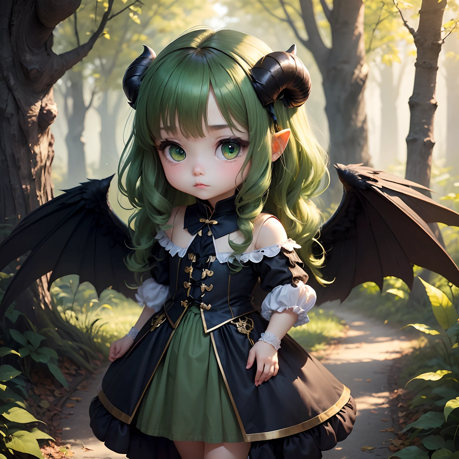 ​masterpiece、top-quality、ultra-detailliert、(Chibi Chara's Daughter:1.3)（long wavy hair of dark green color:1.4),(Golden green eyes:1.2),(Pallor skin with white porcelain-like texture:1.2),独奏, shy expression、Wearing a black sopraveste from the Renaissance era、is standing、There are diabolical horns、wings resembling black crow wings on the back,,,、insanely detaileda,Fairytale Autumn Forest