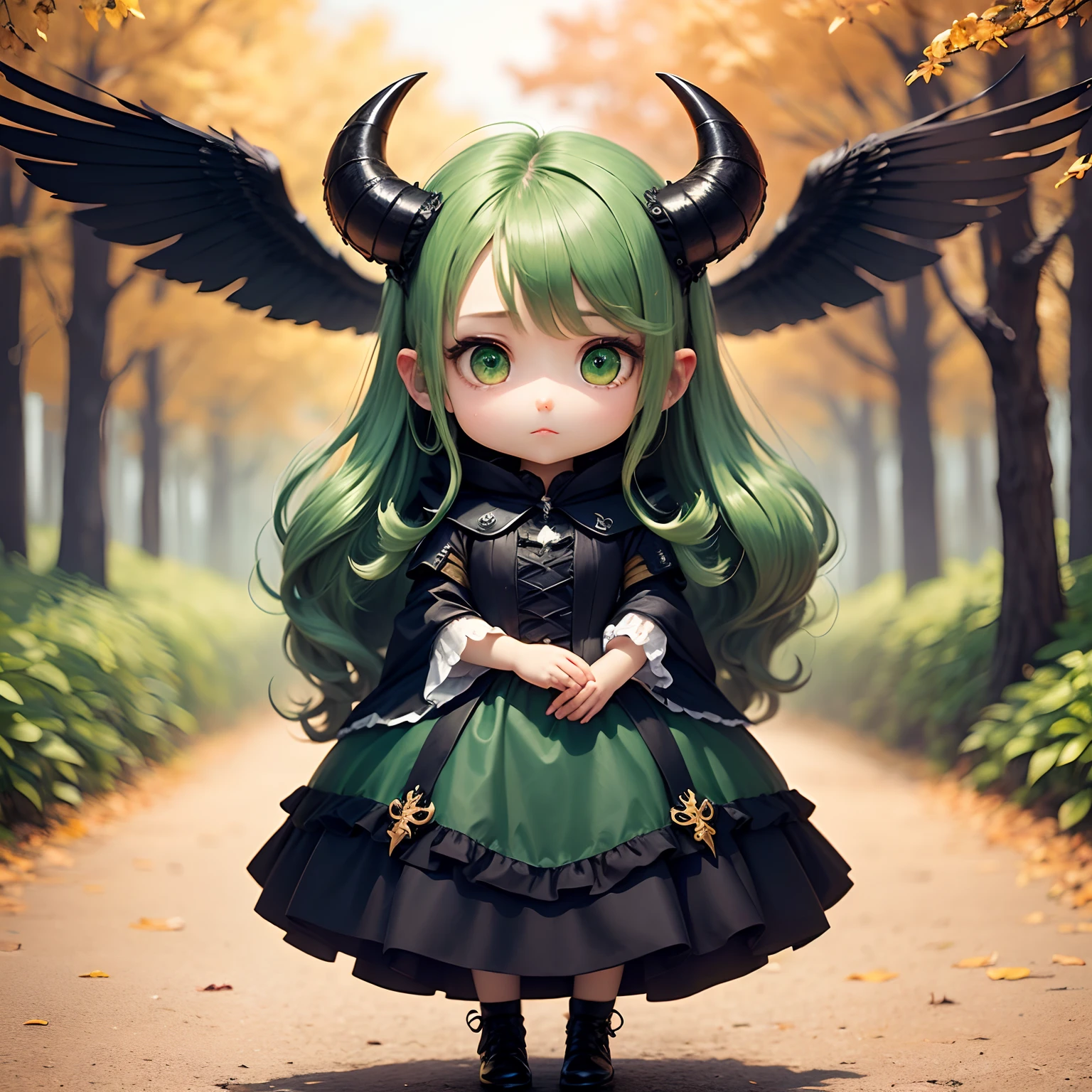 masterpiece、top-quality、ultra-detailliert、(Chibi Chara's Daughter:1.3)(long wavy hair of dark green color:1.4),(Golden green eyes:1.2),(Pallor skin with white porcelain-like texture:1.2),独奏, shy expression、Wearing a black sopraveste from the Renaissance era、is standing、There are diabolical horns、wings resembling black crow wings on the back,,,、insanely detaileda,Fairytale Autumn Forest