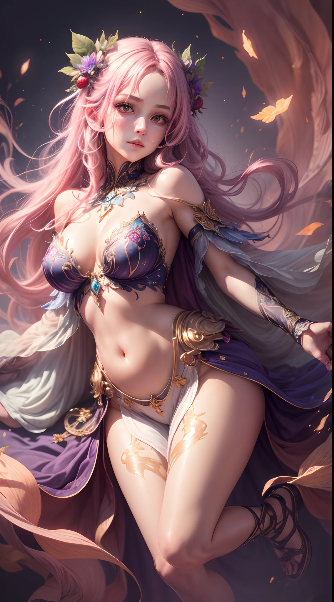strawberry pink color, A captivating anime girl gracefully emerges from the pages of a watercolor painting, her vibrant and intricate colors breathing life into the artwork. She wears extraordinary fantasy costumes,Decorated with exquisite details, reflecting the enchanting world she inhabits. Luminescent elements, like glowing crystals and ethereal wisps, surround her, casting a soft, otherworldly glow. The watercolor style imbues the image with a sense of fluidity and delicacy, as if the colors are effortlessly blending and bleeding into one another. Camera shot: Medium Shot, Camera lens: softfocus, Lighting: luminescent glow, watercolor brushstrokes, Long legs, Stunning composition, Foot braids, Beautiful and detailed legs, belly button expose, exposed cleavage, shining thighs, shining legs, showing a delicate slim figure and graceful curves, (ultra Realistic), ( illustration), (High res), (8K), (highly detailed), (the best illustration), (Beautiful Detailed Eyes), (best Quality), (Super Detailed), (Master peace), (Wallpapers), (Detailed Face),