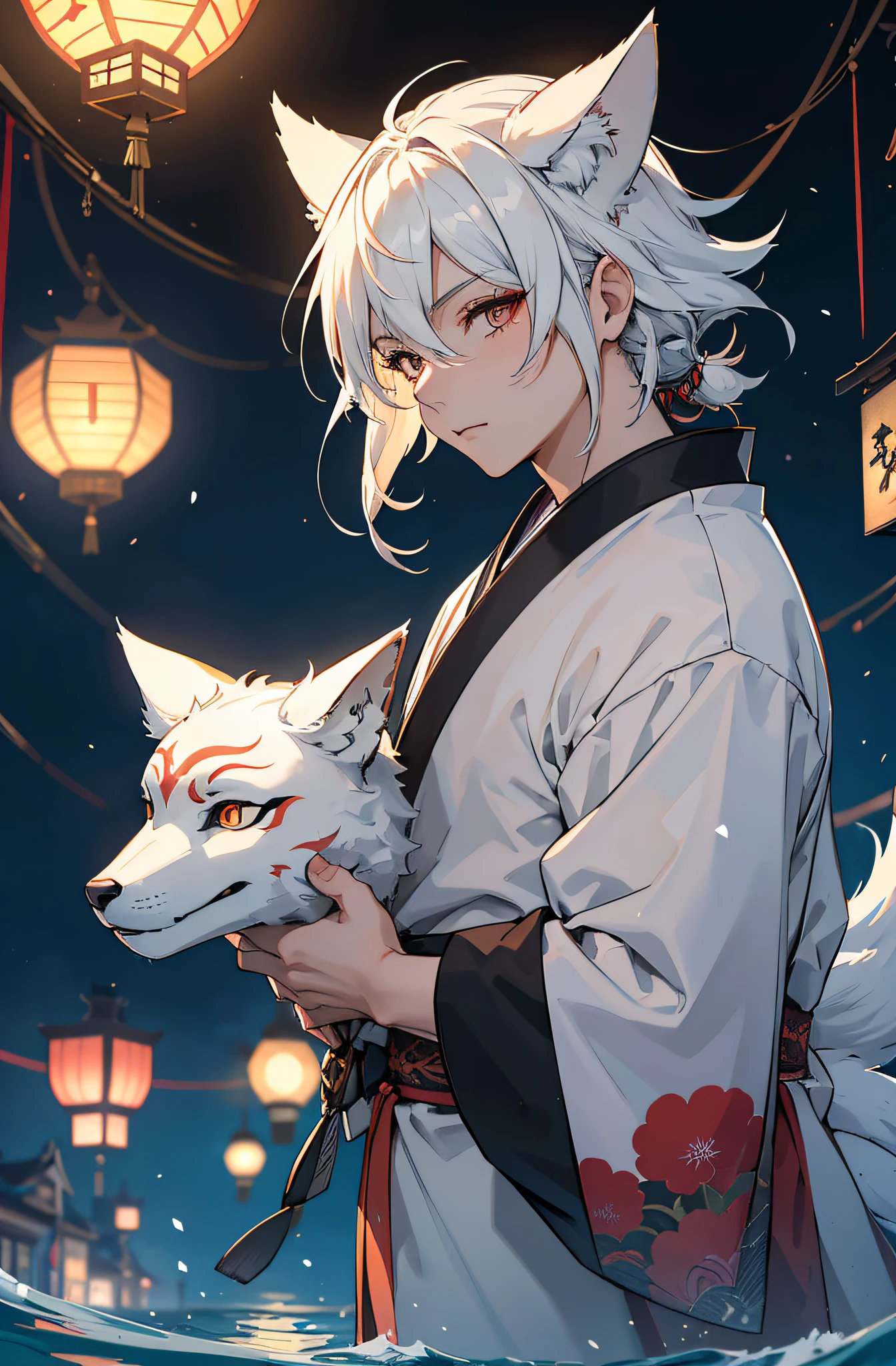 (Ein Mann), Tragen einer japanischen Fuchsmaske, Kitsune, Japanischer Kimono, Long white hair, Perfektes Gesicht, Festival im Hintergrund, Filmische Beleuchtung, Depth of field, Leuchtendes Licht, Raytracing, Reflexionslicht, Nahaufnahme, Meisterwerk, Meisterwerk, High quality, best quality, Hohe Detailgenauigkeit, ccurate, anatomisch korrekt, Strukturierte Haut, UHD, hight resolution, 1080p