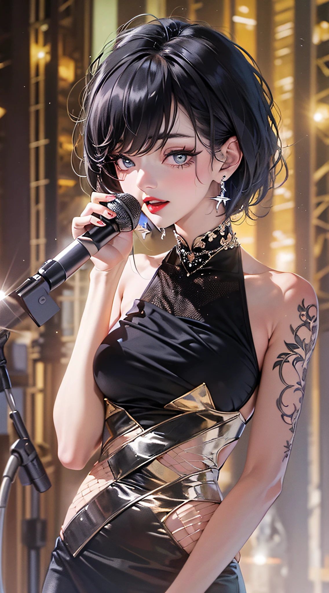 Seductive girl singer, in the spotlight, in a luxurious velvet black dress, Bright evening make-up, pouty red lips, black  hair, Ultra-short haircut, Sings on stage, Large diamond earrings, Stage lighting, Masterpiece, topquality, ultradetail, big expressive eyes, microphone