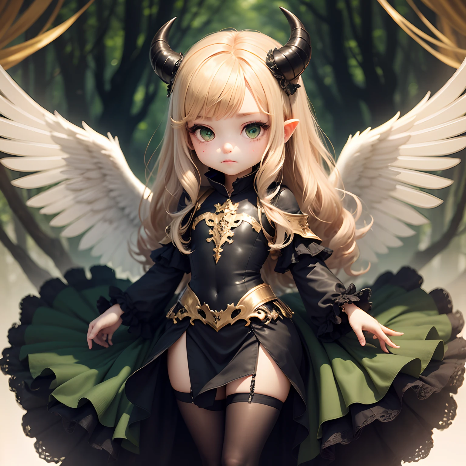 ​masterpiece、top-quality、ultra-detailliert、(Chibi Chara's Daughter:1.3)（long wavy hair of dark green color:1.4),(Golden green eyes:1.2),(Pallor skin with white porcelain-like texture:1.2),独奏, shy expression、Wearing a black sopraveste from the Renaissance era、is standing、There are diabolical horns、wings resembling black crow wings on the back,,,,、insanely detaileda,Fairytale autumn forest