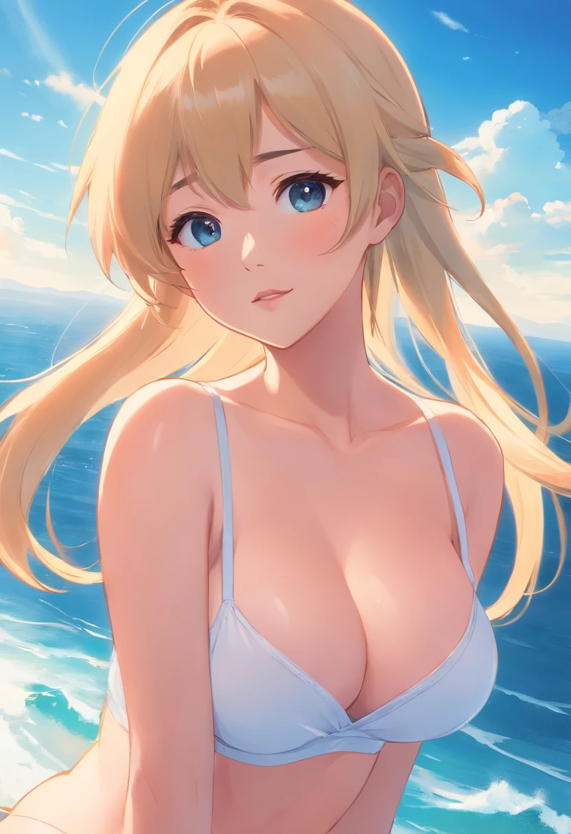 Asian Women、Cute face like a model、Popular faces that are trending now、huge tit、large full breasts、Close-up image、Wearing a white bra、peach、blue-sky、The background is the sea、Blonde Girl、