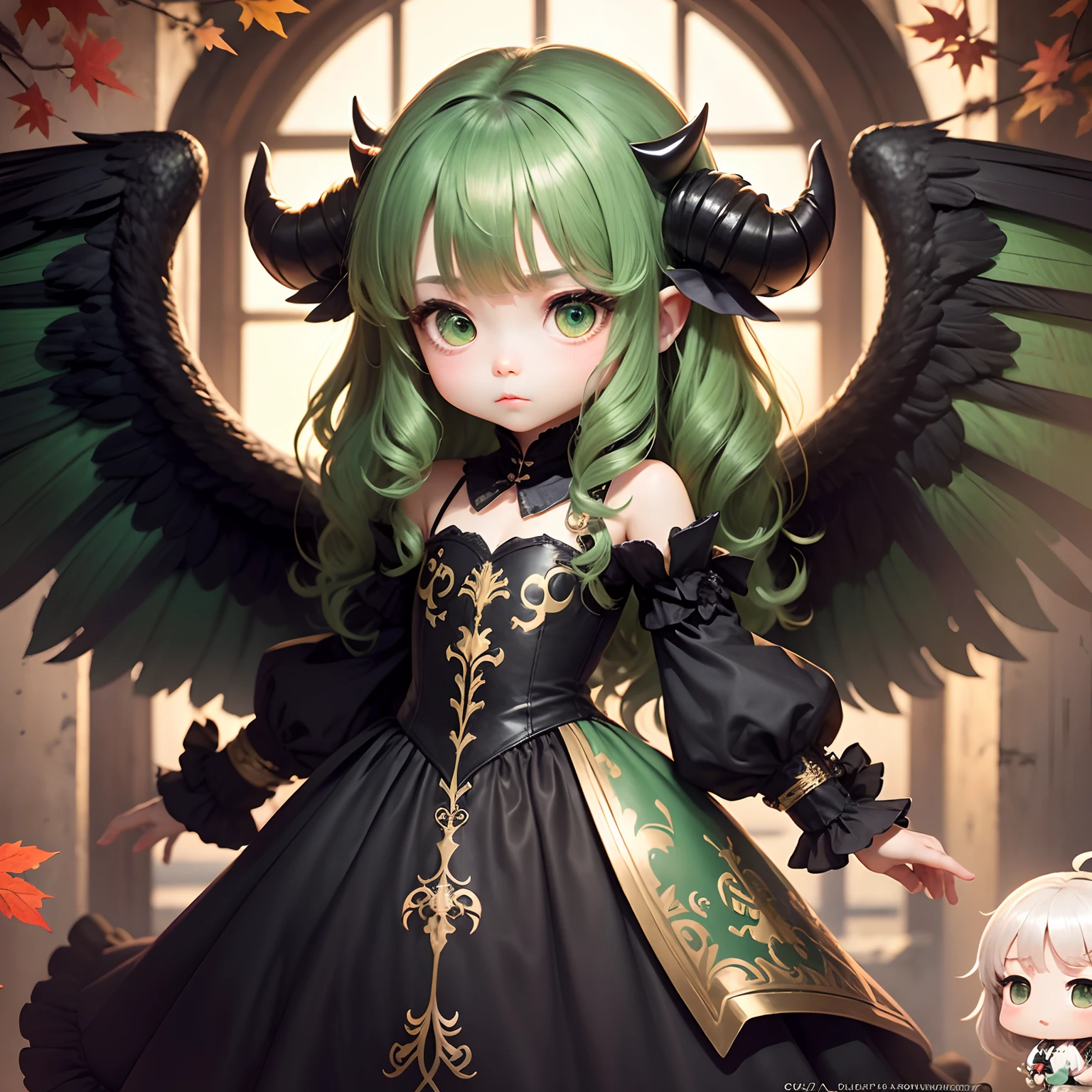 masterpiece、top-quality、ultra-detailliert、(Chibi Chara's Daughter:1.3)(long wavy hair of dark green color:1.4),(Golden green eyes:1.2),(Pallor skin with white porcelain-like texture:1.2),独奏, shy expression、Wearing a black sopraveste from the Renaissance era、is standing、There are diabolical horns、wings resembling black crow wings on the back,,,,,、insanely detaileda,Fairytale autumn forest