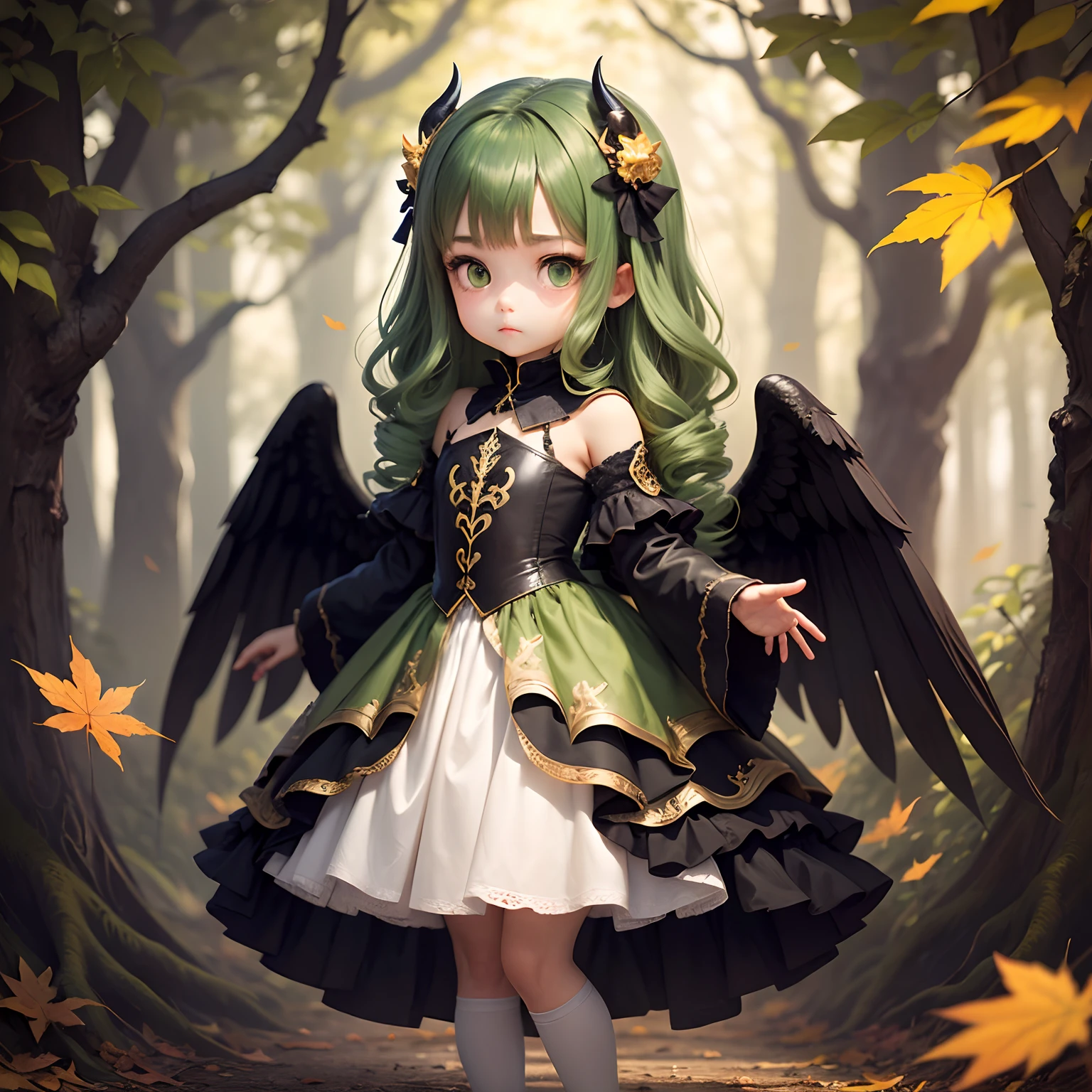 ​masterpiece、top-quality、ultra-detailliert、(Chibi Chara's Daughter:1.3)（long wavy hair of dark green color:1.4),(Golden green eyes:1.2),(Pallor skin with white porcelain-like texture:1.2),独奏, shy expression、Wearing a black sopraveste from the Renaissance era、is standing、There are diabolical horns、wings resembling black crow wings on the back,,,,,、insanely detaileda,Fairytale autumn forest