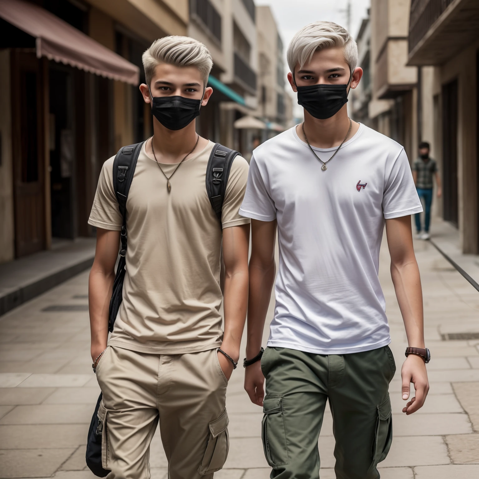 Teen male, (((16yo))), dead inside, topless, sand color cargo pants, full body view, city, background blur, chromatic aberration, bokeh, skinny body, white hair, ultra realistic, HQ, 8k, square masculine caucassian face, plaid shirt, mask, chainlet