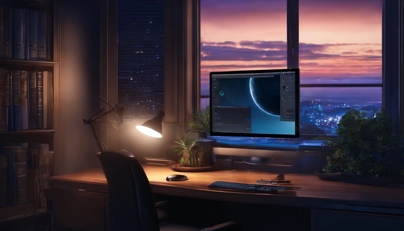 (best quality,highres:1.2),ultra-detailed,professional,anime landscape,nighttime scene,computer desk,modern sleek computer,elegant design,tastefully lit screen,cold blue lighting,wallpaper,highly detailed