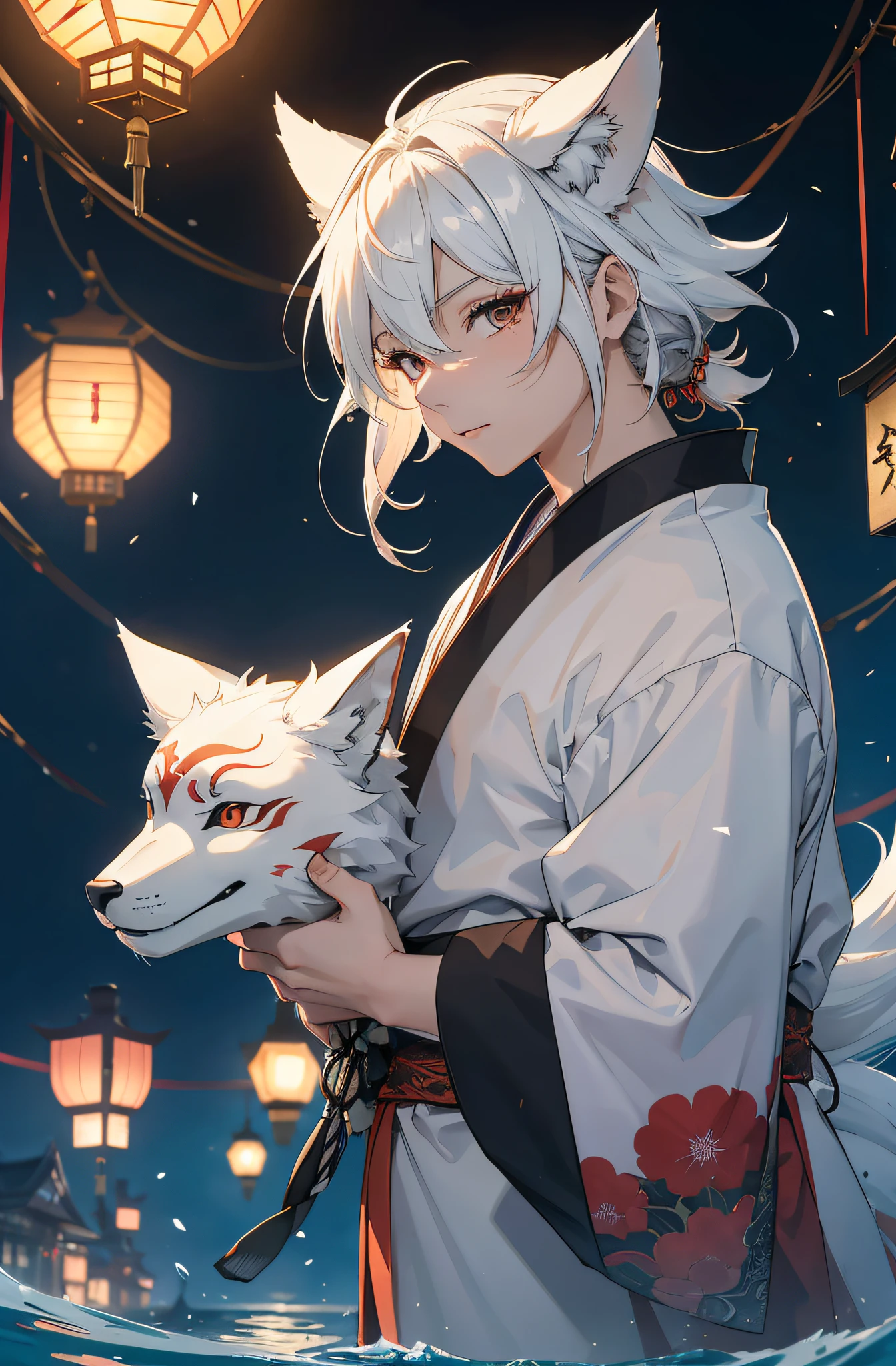 (Ein Mann), Tragen einer japanischen Fuchsmaske, Kitsune, Japanischer Kimono, Long white hair, Perfektes Gesicht, Festival im Hintergrund, Filmische Beleuchtung, Depth of field, Leuchtendes Licht, Raytracing, Reflexionslicht, Nahaufnahme, Meisterwerk, Meisterwerk, High quality, best quality, Hohe Detailgenauigkeit, ccurate, anatomisch korrekt, Strukturierte Haut, UHD, hight resolution, 1080p