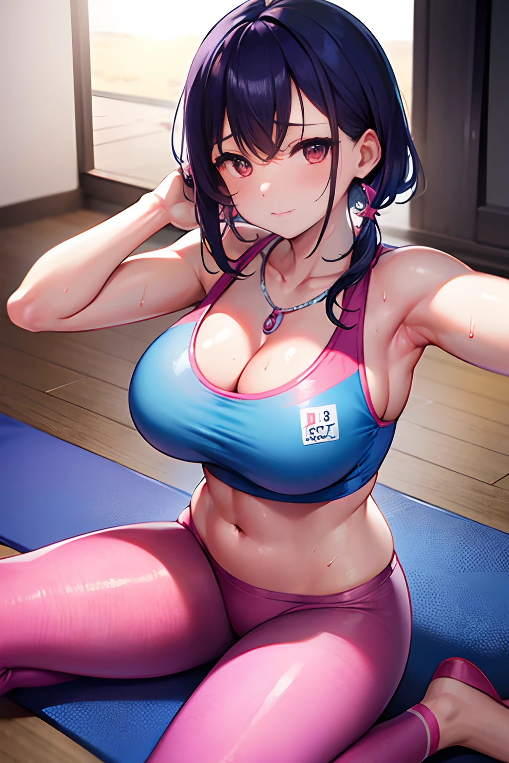 Sunset reflection fitness gym yoga mats、full of sweat、Light Blue Fitness Wear Use English characters、Floral pattern Pink leggings、Navel Ejection、 pinkcolor Wave Shorthair、wrist watch、Colossal tits Whip whip、sapphire earrings、Sports Necklaces、Armpit sitting on、Kamimei、Red eyes