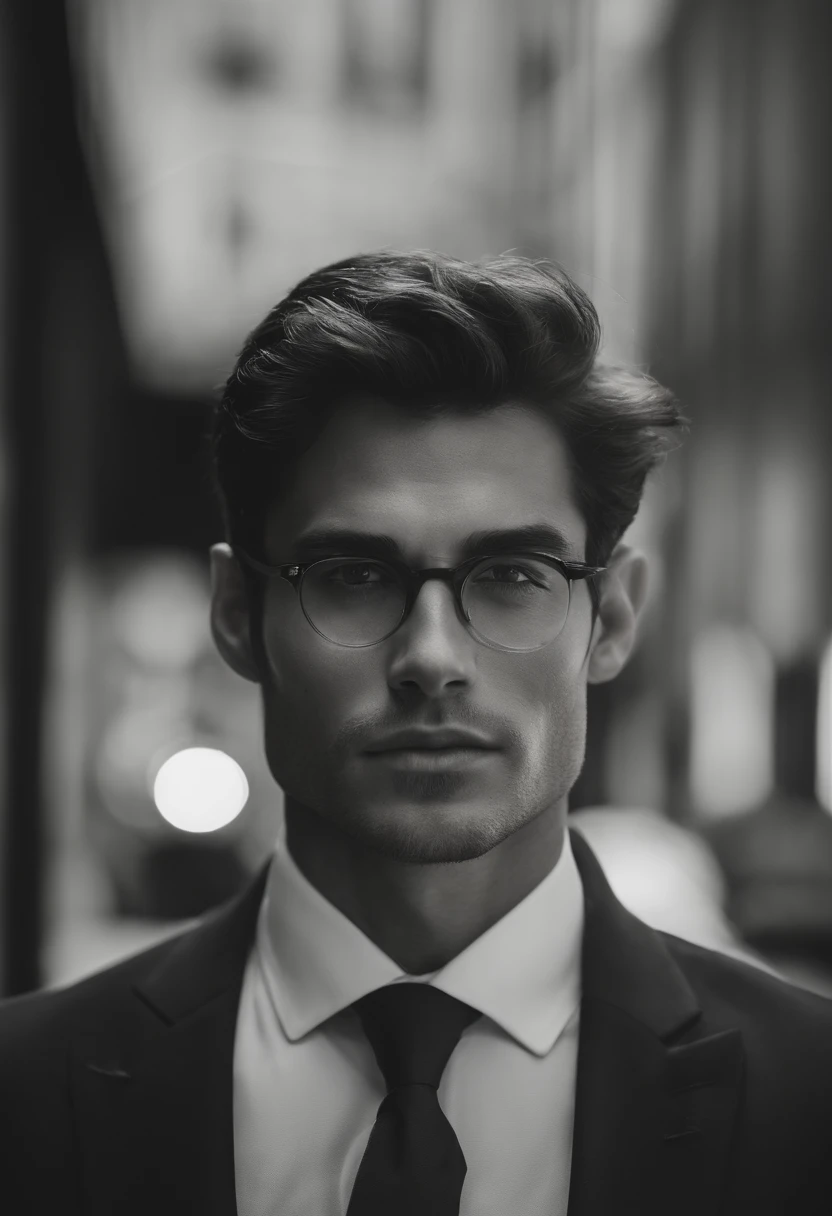 hyper realistic, portrait of a handsome man, tan skin, double eyelids, green eyes, dark hair, stubble, chiseled jaw, muscular, glasses, black pinstripe suit,