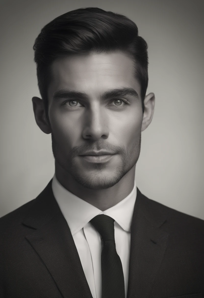 hyper realistic, portrait of a handsome man, tan skin, double eyelids, green eyes, dark hair, stubble, chiseled jaw, muscular, glasses, black pinstripe suit,