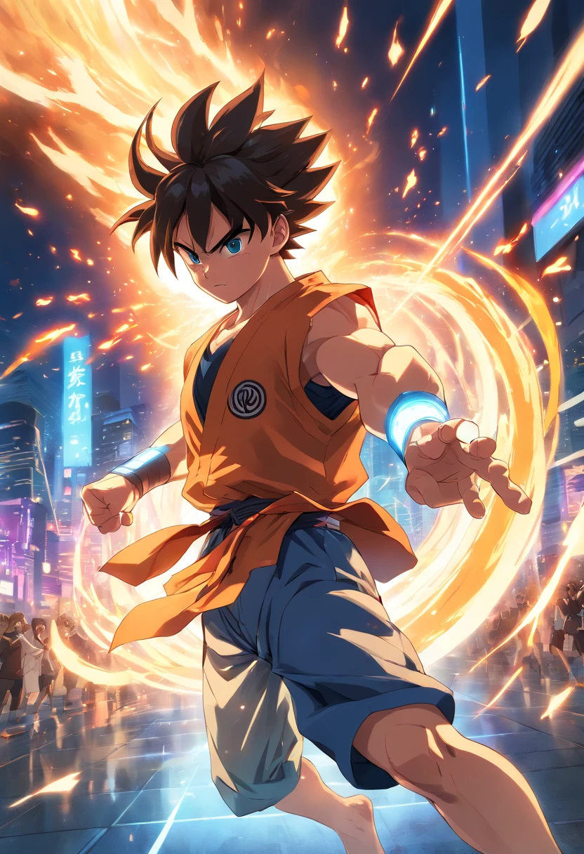 best quality,ultra-detailed,realistic,goku doing the genki dama,anime,energy sphere,kamehameha,aura,martial arts,fighting,super saiyan,powerful attack,vibrant colors,dynamic pose,intense battle scene,special effects,muscular physique,floating rocks,dramatic lighting intense,gathering energy,screaming with power,concentrated effort,rippling muscles,surrounded by energy,tension in the air,symbol of hope,witness the power,endless power source,sharp focus,exaggerated motion,fiery aura,blasting energy,glowing eyes,enormous energy buildup,earth-shattering,flaming hair,collateral damage,explosions,overwhelming force