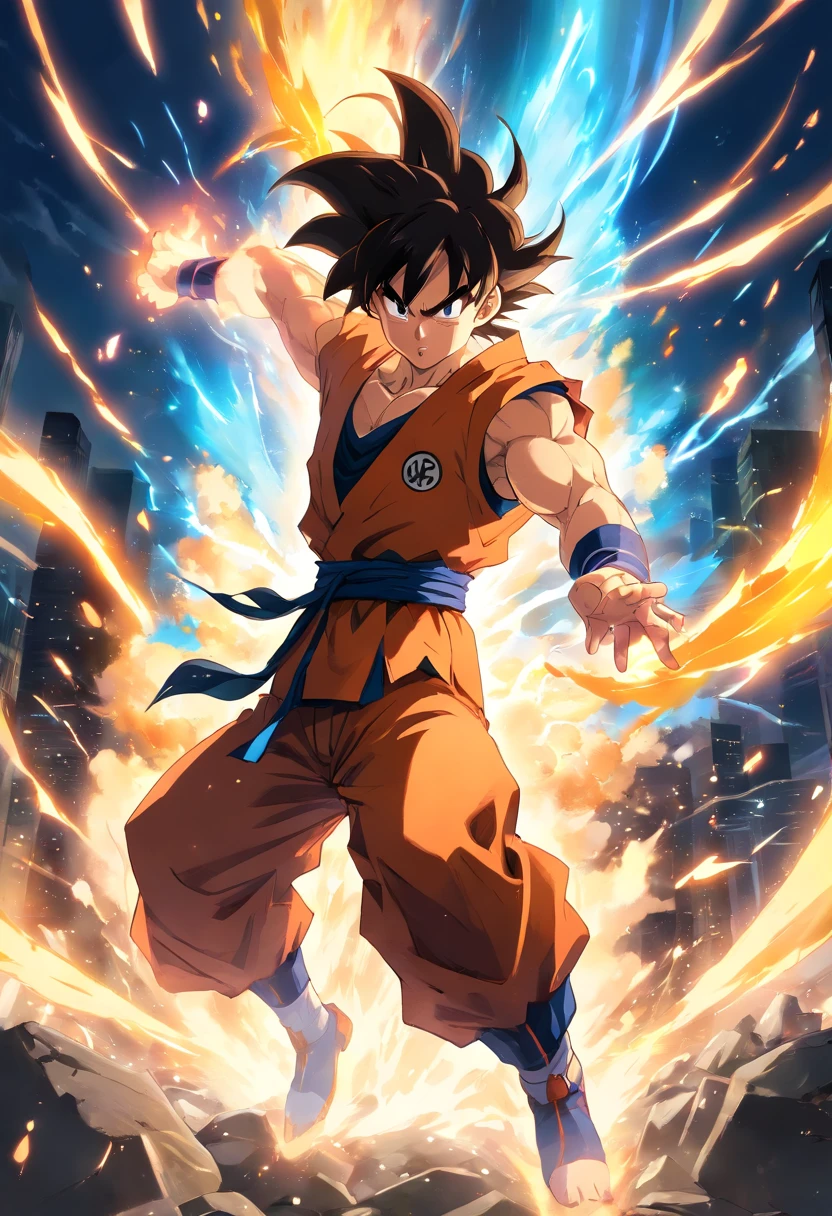 best quality,ultra-detailed,realistic,goku doing the genki dama,anime,energy sphere,kamehameha,aura,martial arts,fighting,super saiyan,powerful attack,vibrant colors,dynamic pose,intense battle scene,special effects,muscular physique,floating rocks,dramatic lighting intense,gathering energy,screaming with power,concentrated effort,rippling muscles,surrounded by energy,tension in the air,symbol of hope,witness the power,endless power source,sharp focus,exaggerated motion,fiery aura,blasting energy,glowing eyes,enormous energy buildup,earth-shattering,flaming hair,collateral damage,explosions,overwhelming force