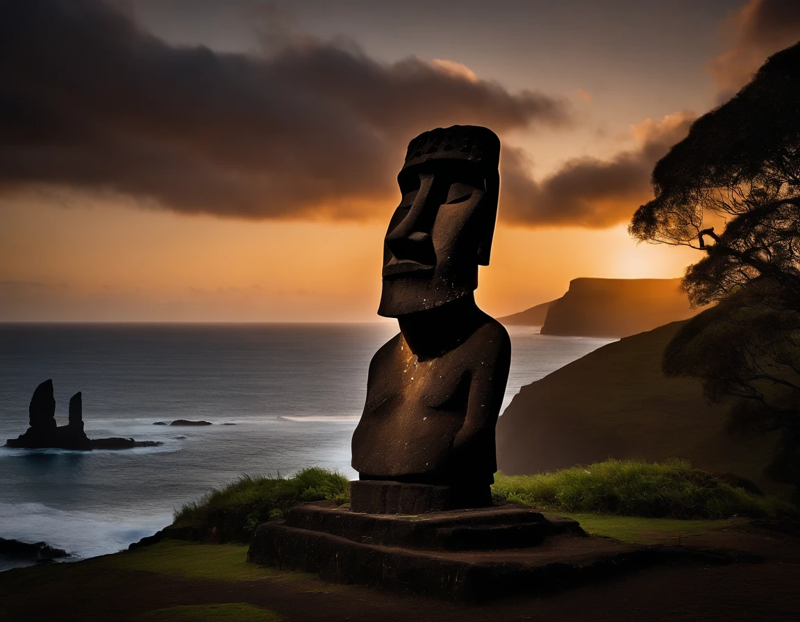 An extremely beautiful photo of a Moai in Easter Island, by the shores of the Pacific Ocean, sunset, candle lights on, dramatic lighting, magnificent aura, amazing views, stunning skies, spectacular full moon, ethereal environment.
