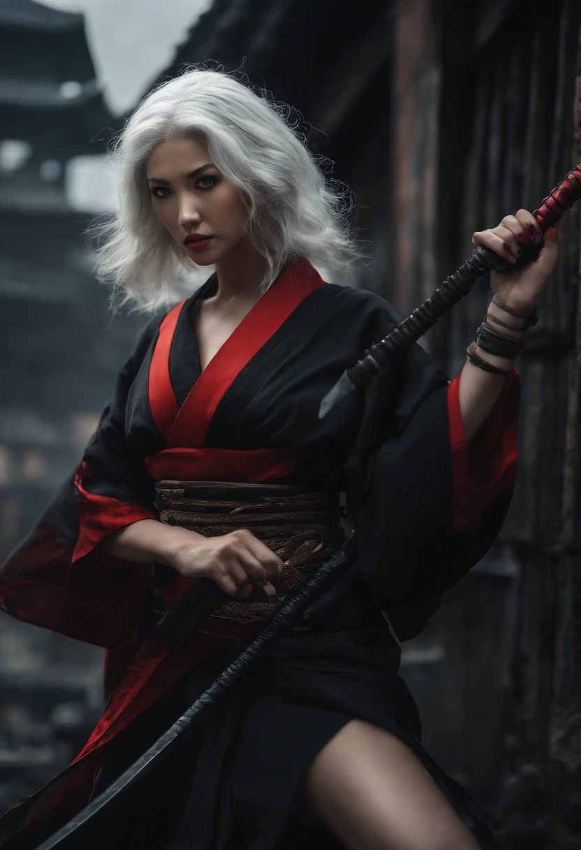 ((dramatic)) girl, japan goddes of war, one handed holding divine katana, slicing enemy pose, bloodstain on her face, dark night, broken building and post apocalyptic japan ((broken building)), godly fantasy aura, stand on top of tall building, looking at her enemy, night, wear kimono, edgy, short hair, dominant white red black, beautiful eyes, long skirt kimono, white hair, with serious expression, killer instinct face