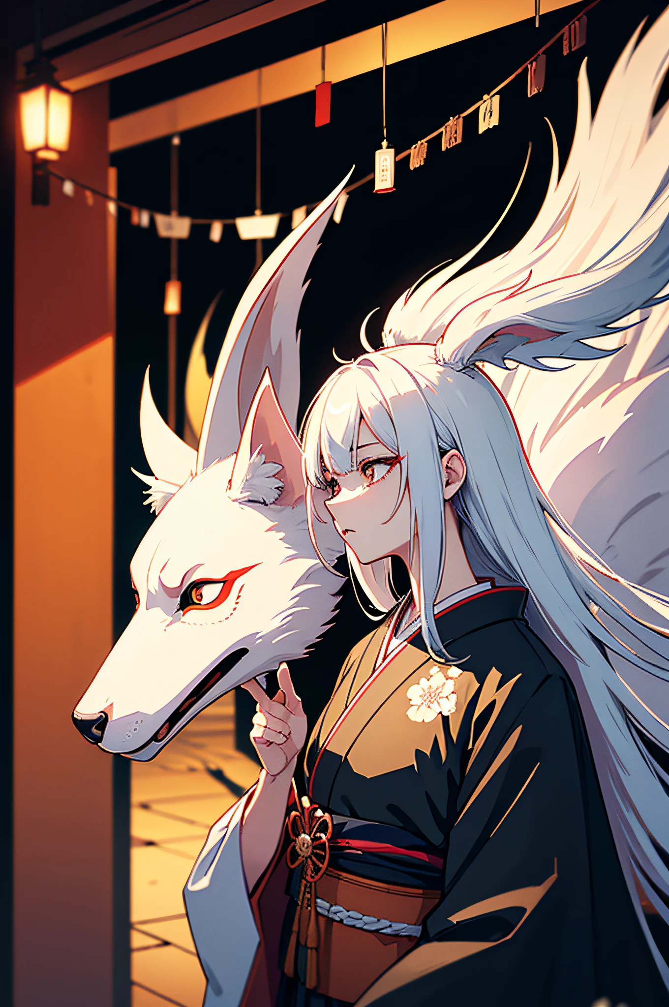 ((one man)), (male) japanese kitsune mask, japanese kimono, long white hair, perfect face, festival in background, Filmische Beleuchtung, Depth of field, Leuchtendes Licht, raytracing, Reflexionslicht, nahaufnahme, Meisterwerk, Meisterwerk, High quality, best quality, Hohe Detailgenauigkeit, ccurate, anatomisch korrekt, Strukturierte Haut, UHD, hight resolution, 1080p