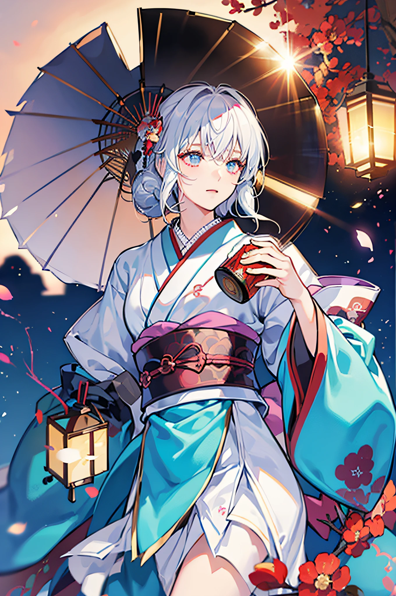 ((one man)), (male) japanese kitsune mask, japanese kimono, long white hair, perfect face, festival in background, Filmische Beleuchtung, Depth of field, Leuchtendes Licht, raytracing, Reflexionslicht, nahaufnahme, Meisterwerk, Meisterwerk, High quality, best quality, Hohe Detailgenauigkeit, ccurate, anatomisch korrekt, Strukturierte Haut, UHD, hight resolution, 1080p