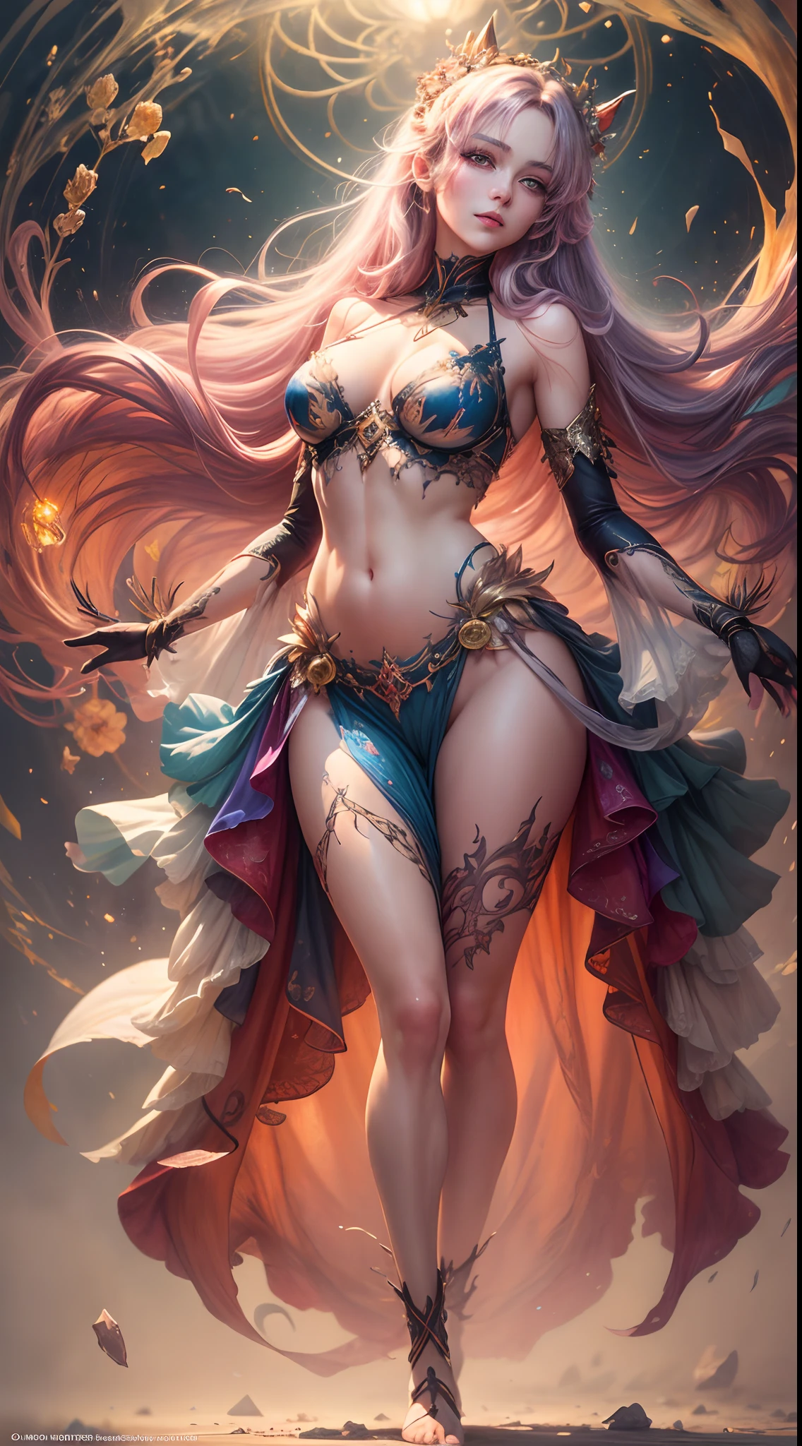 red orange color, A captivating anime girl gracefully emerges from the pages of a watercolor painting, her vibrant and intricate colors breathing life into the artwork. She wears extraordinary fantasy costumes,Decorated with exquisite details, reflecting the enchanting world she inhabits. Luminescent elements, like glowing crystals and ethereal wisps, surround her, casting a soft, otherworldly glow. The watercolor style imbues the image with a sense of fluidity and delicacy, as if the colors are effortlessly blending and bleeding into one another. Camera shot: Medium Shot, Camera lens: softfocus, Lighting: luminescent glow, watercolor brushstrokes, Long legs, Stunning composition, Foot braids, Beautiful and detailed legs, belly button expose, exposed cleavage, shining thighs, shining legs, showing a delicate slim figure and graceful curves, (ultra Realistic), ( illustration), (High res), (8K), (highly detailed), (the best illustration), (Beautiful Detailed Eyes), (best Quality), (Super Detailed), (Master peace), (Wallpapers), (Detailed Face),