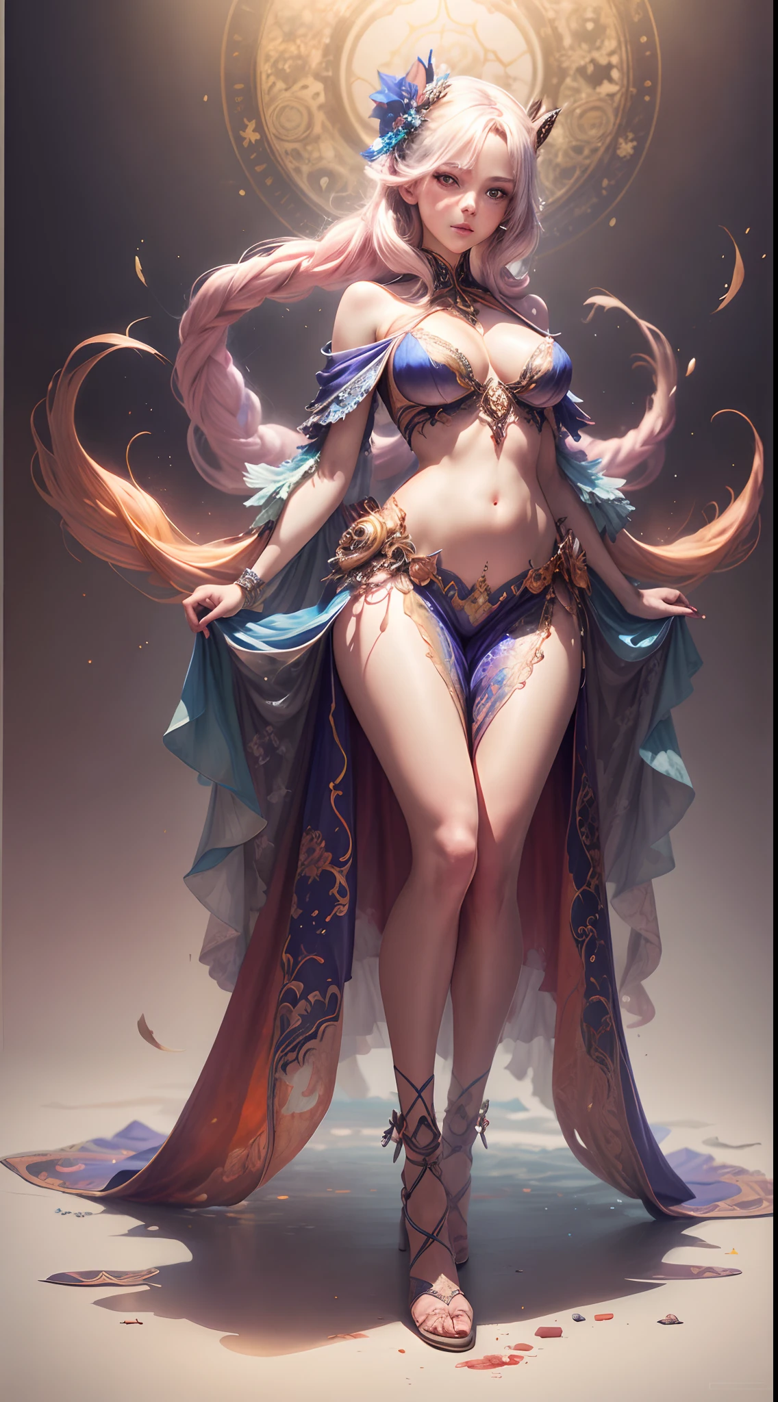 red orange color, A captivating anime girl gracefully emerges from the pages of a watercolor painting, her vibrant and intricate colors breathing life into the artwork. She wears extraordinary fantasy costumes，Decorated with exquisite details, reflecting the enchanting world she inhabits. Luminescent elements, like glowing crystals and ethereal wisps, surround her, casting a soft, otherworldly glow. The watercolor style imbues the image with a sense of fluidity and delicacy, as if the colors are effortlessly blending and bleeding into one another. Camera shot: Medium Shot, Camera lens: softfocus, Lighting: luminescent glow, watercolor brushstrokes, Long legs, Stunning composition, Foot braids, Beautiful and detailed legs, belly button expose, exposed cleavage, shining thighs, shining legs, showing a delicate slim figure and graceful curves, (ultra Realistic), ( illustration), (High res), (8K), (highly detailed), (the best illustration), (Beautiful Detailed Eyes), (best Quality), (Super Detailed), (Master peace), (Wallpapers), (Detailed Face),