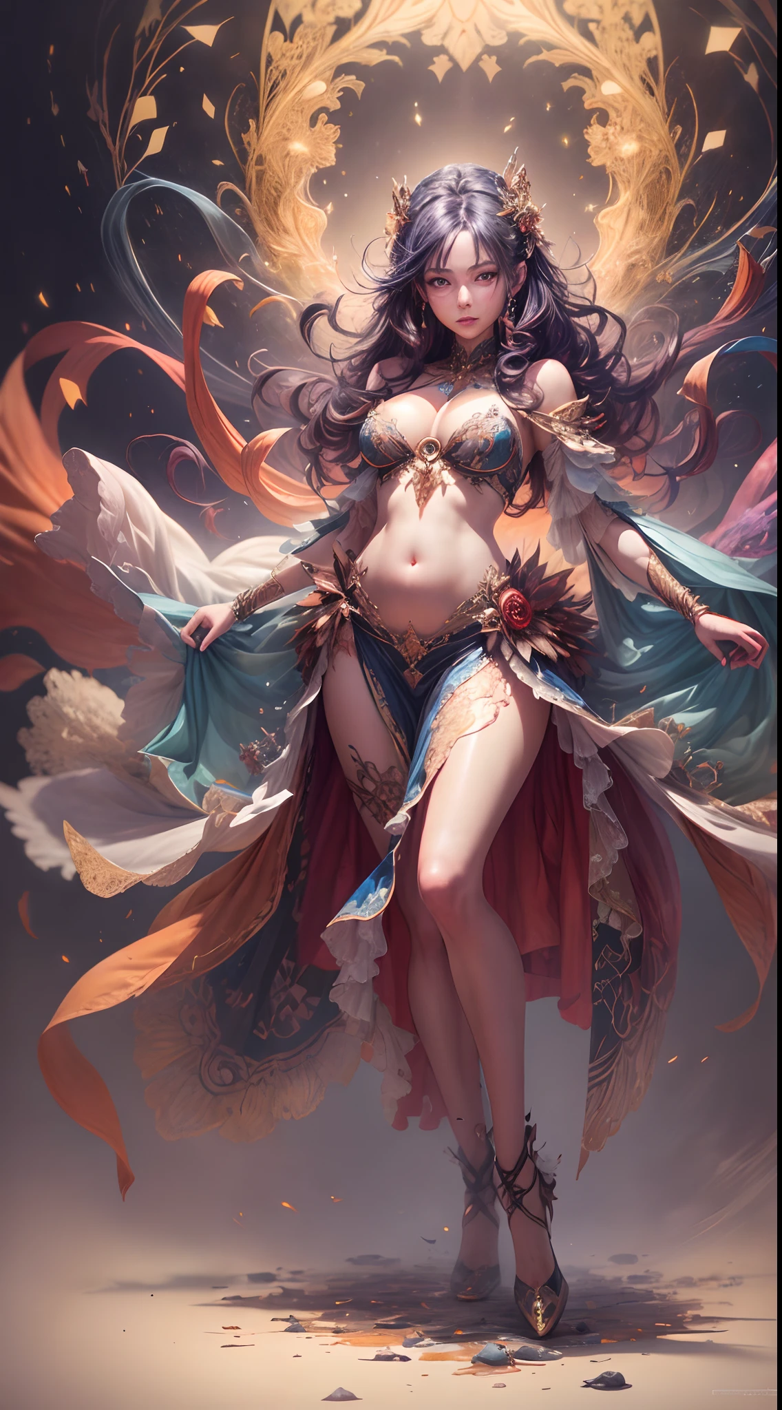 red orange color, A captivating anime girl gracefully emerges from the pages of a watercolor painting, her vibrant and intricate colors breathing life into the artwork. She wears extraordinary fantasy costumes,Decorated with exquisite details, reflecting the enchanting world she inhabits. Luminescent elements, like glowing crystals and ethereal wisps, surround her, casting a soft, otherworldly glow. The watercolor style imbues the image with a sense of fluidity and delicacy, as if the colors are effortlessly blending and bleeding into one another. Camera shot: Medium Shot, Camera lens: softfocus, Lighting: luminescent glow, watercolor brushstrokes, Long legs, Stunning composition, Foot braids, Beautiful and detailed legs, belly button expose, exposed cleavage, shining thighs, shining legs, showing a delicate slim figure and graceful curves, (ultra Realistic), ( illustration), (High res), (8K), (highly detailed), (the best illustration), (Beautiful Detailed Eyes), (best Quality), (Super Detailed), (Master peace), (Wallpapers), (Detailed Face),