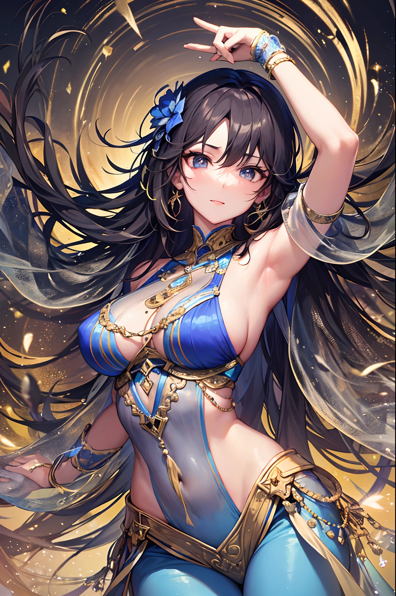(Finest quality)),(超A high resolution),(ultra-detailliert),(Meticulous portrayal),((best pictures)),(Finest works of art),Ultra-Precision Art,The art of astounding depiction, Fantasyart:1.5, (One Dancer:1.5),(Dressed by a blue dancer:1.4,gradients:1.1),see -through,Glamorous Body,tight abdomen,