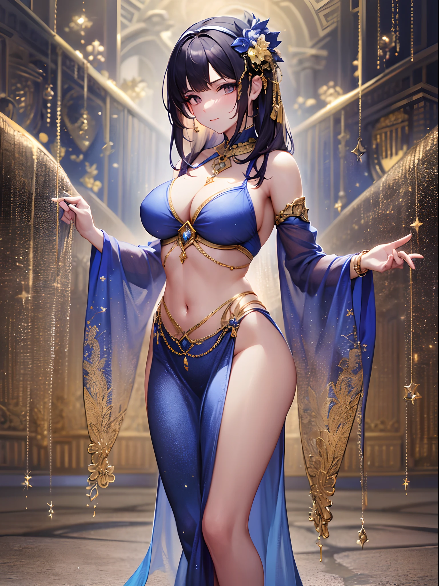 (Finest quality)),(超A high resolution),(ultra-detailliert),(Meticulous portrayal),((best pictures)),(Finest works of art),Ultra-Precision Art,The art of astounding depiction, Fantasyart:1.5, (One Dancer:1.5),(Dressed by a blue dancer:1.4,gradients:1.1),see -through,Glamorous Body,tight abdomen,