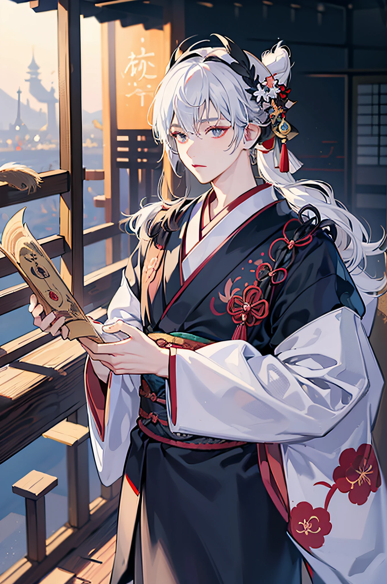 ((one man)), (male) japanese kitsune mask, japanese kimono, long white hair, perfect face, festival in background, Filmische Beleuchtung, Depth of field, Leuchtendes Licht, raytracing, Reflexionslicht, nahaufnahme, Meisterwerk, Meisterwerk, High quality, best quality, Hohe Detailgenauigkeit, ccurate, anatomisch korrekt, Strukturierte Haut, UHD, hight resolution, 1080p