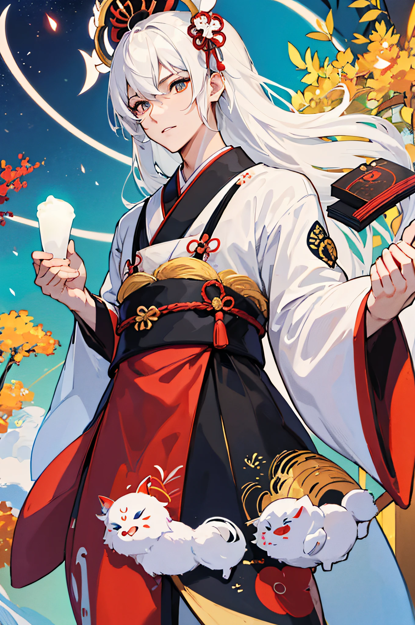 ((one man)), (male) japanese kitsune mask, japanese kimono, long white hair, perfect face, festival in background, Filmische Beleuchtung, Depth of field, Leuchtendes Licht, raytracing, Reflexionslicht, nahaufnahme, Meisterwerk, Meisterwerk, High quality, best quality, Hohe Detailgenauigkeit, ccurate, anatomisch korrekt, Strukturierte Haut, UHD, hight resolution, 1080p
