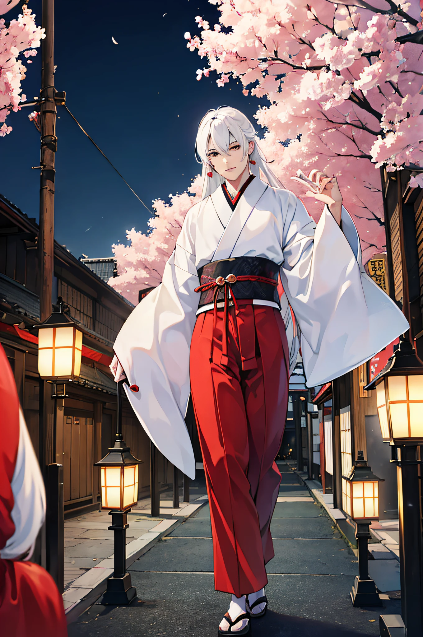 ((one man)), (male) japanese kitsune mask, japanese kimono, long white hair, perfect face, festival in background, Filmische Beleuchtung, Depth of field, Leuchtendes Licht, raytracing, Reflexionslicht, nahaufnahme, Meisterwerk, Meisterwerk, High quality, best quality, Hohe Detailgenauigkeit, ccurate, anatomisch korrekt, Strukturierte Haut, UHD, hight resolution, 1080p