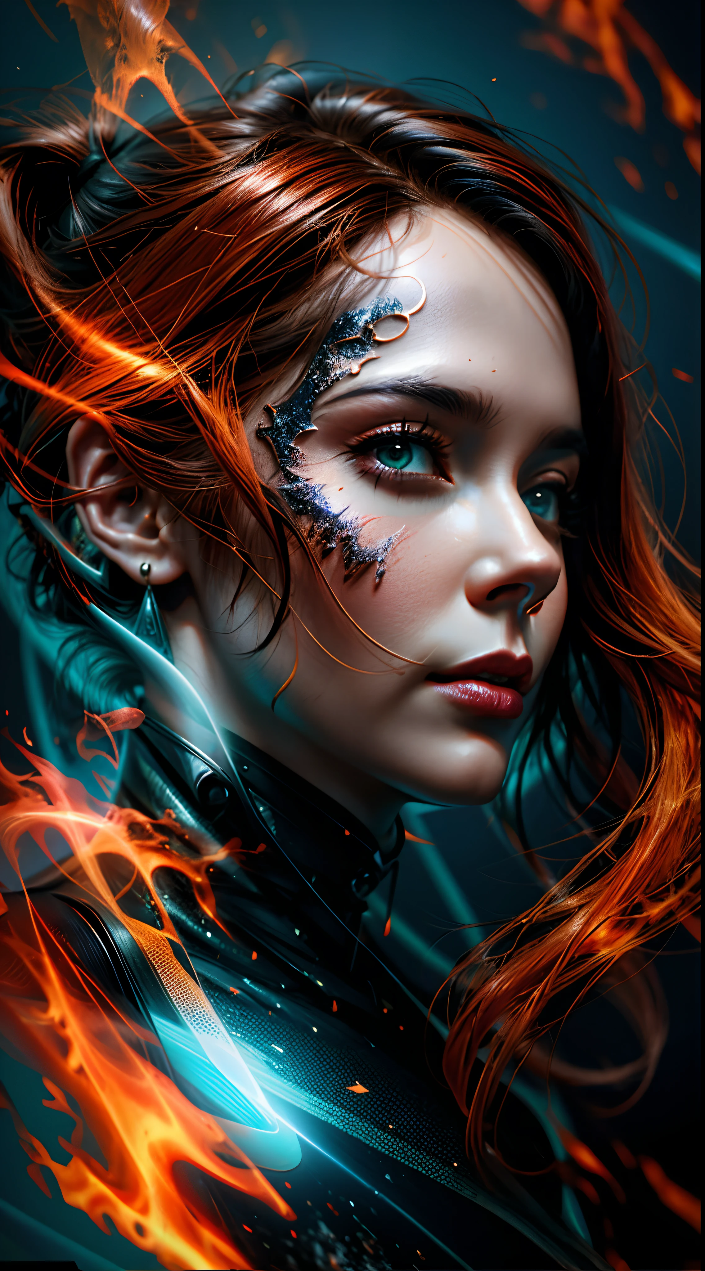 uma mulher com cabelos ruivos e uma cara de fogo, arte de fantasia hiperrealista, bela arte digital, Arte VFX, Arte digital alucinante, stunning digital illustration, arte de fantasia realista, lindo arte digital, Unreal Engine 5 Arte Digital, Arte digital realista 4K, Arte digital realista 4K, Arte digital detalhada em 4k, Retrato VFX altamente detalhado, retrato vfx altamente detalhado de