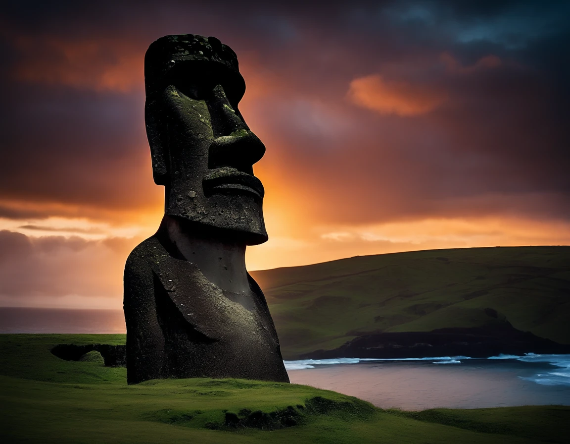 An extremely beautiful photo of a gigantic Moai statue in Easter Island, by the shores of the Pacific Ocean, sunset, candle lights on, dramatic lighting, magnificent aura, amazing views, stunning skies, spectacular full moon, ethereal environment.