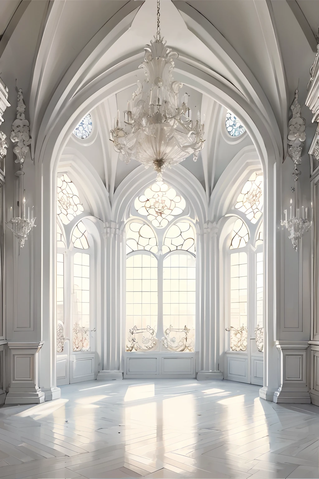 There is a large room with chandeliers and stairs, Luminist and Baroque style, Gothic interior, Inside the complex castle, Gothic mansion room, White Sweep Arch, Baroque interior, beautiful render of a fairytale, Royal Interior, Elegant Baroque, Elegant baroque design in white, Inside the palace, ornate and flowing, Exquisite architecture, Neo - Classic Style, all white render